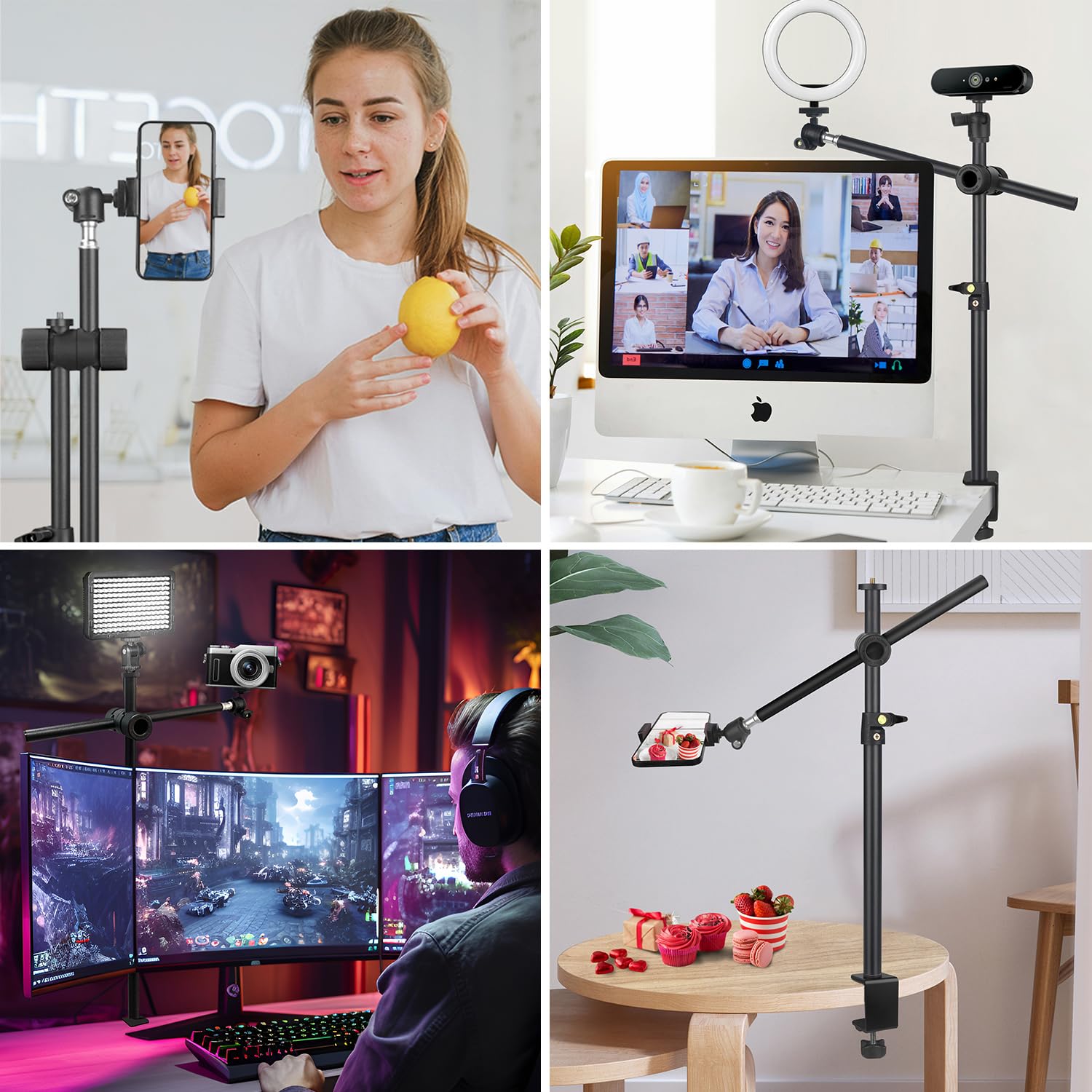 Jinsui Overhead Camera Mount, Webcam Stand For Desk With 360° Adjustable Holding Arm For Ring Light, Camera Desk Mount With Boom Magic Arm, Ball Head, Phone Holder For Cell Phone Microphone Video Streaming