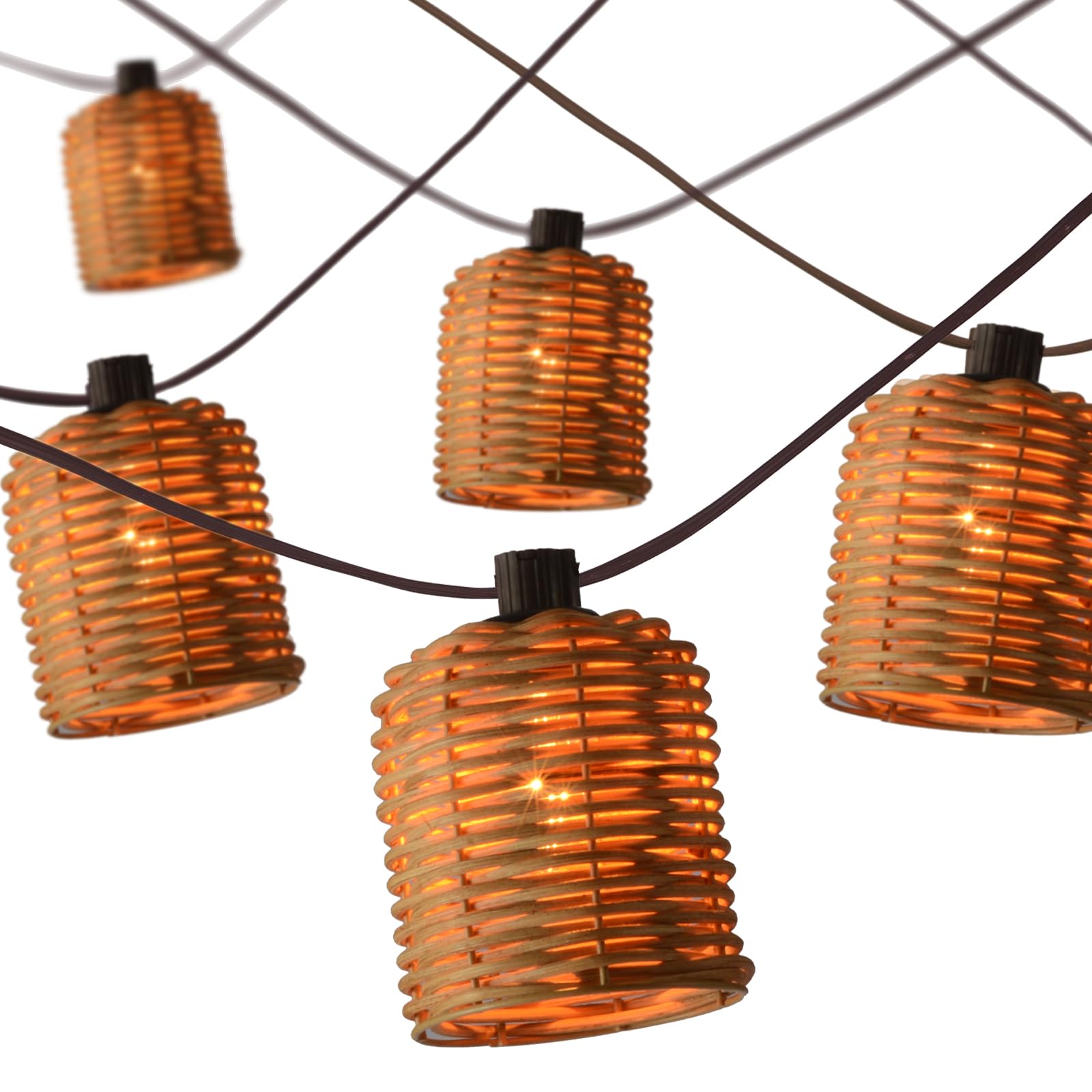 Maindeco Natural Rattan String Lights, 10 Rustic Raffia Cage,16 Ft Plug In & Connectable Wicker Lights, Rustic Farmhouse Style For Room,Garden,Deck,Patio Decorations, Natural Color