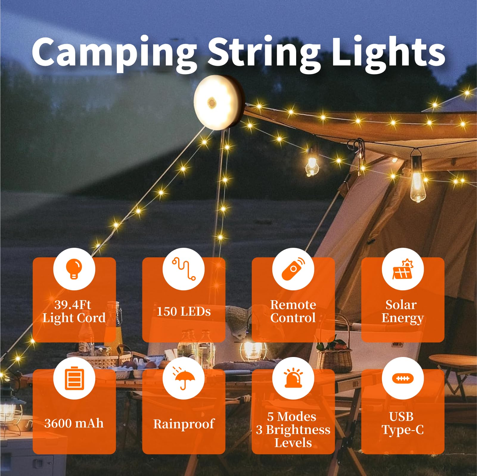 Cingalook 2 In 1 Solar Camping String Lights, 39.4Ft Ultra Long String With 150Ledsportable,Waterproof Camping Light For Hiking, Camping Decorations,Usb Rechargeable Light With Remote Control
