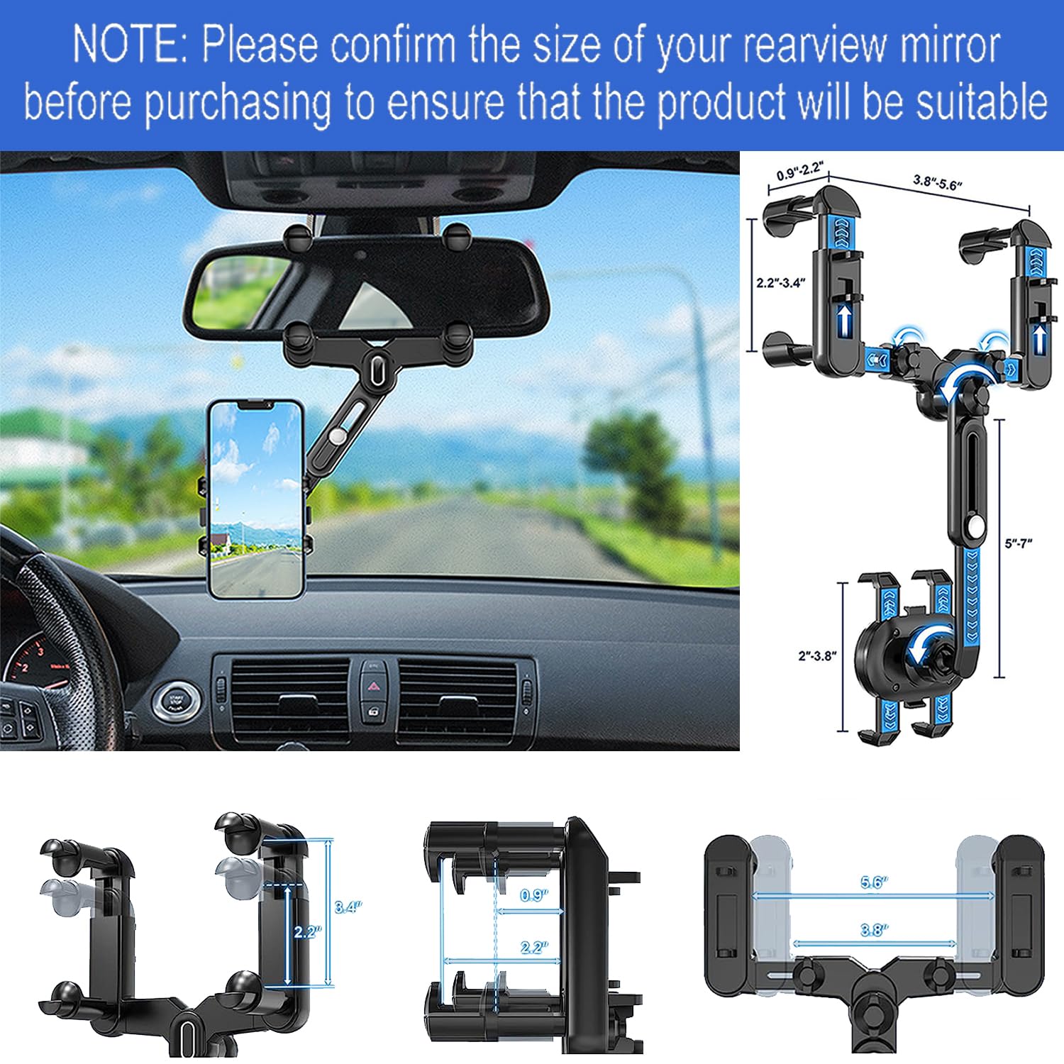 Powdapte Rear View Mirror Phone Holder, 360°Rotatable And Retractable Rearview Mirror Phone Holder For Car,  Four Corners Anti-Shake Multifunctional Design For All Iphone & Car Rearview Mirror