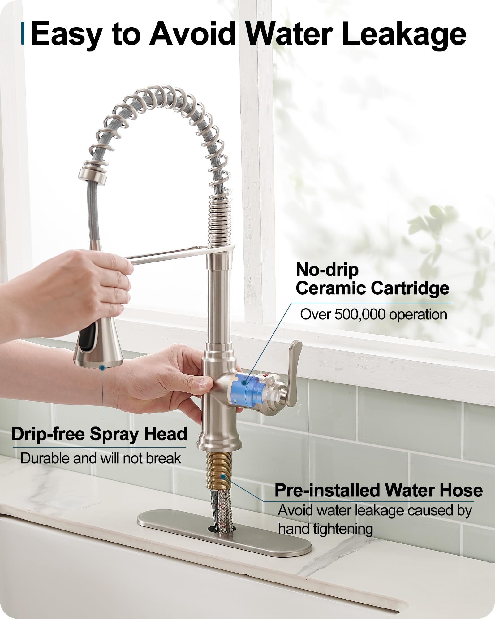 Hoigy Pull Down Kitchen Faucet Brushed Nickel, 3-Function Kitchen Sink Faucet With Sprayer, 1 Hole Or 3 Hole Kitchen Faucets Stainless Steel Single Handle 360 Degree Swivel With Deck Plate Commercial