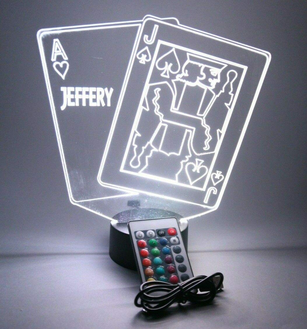 Mirror Mania Ace And Jack Blackjack Playing Cards Night Light Up Lamp Led Personalized Black Jack Twenty One Desk Table Lamp - It'S Wow, With Remote, 16 Colors, Engraved, Great
