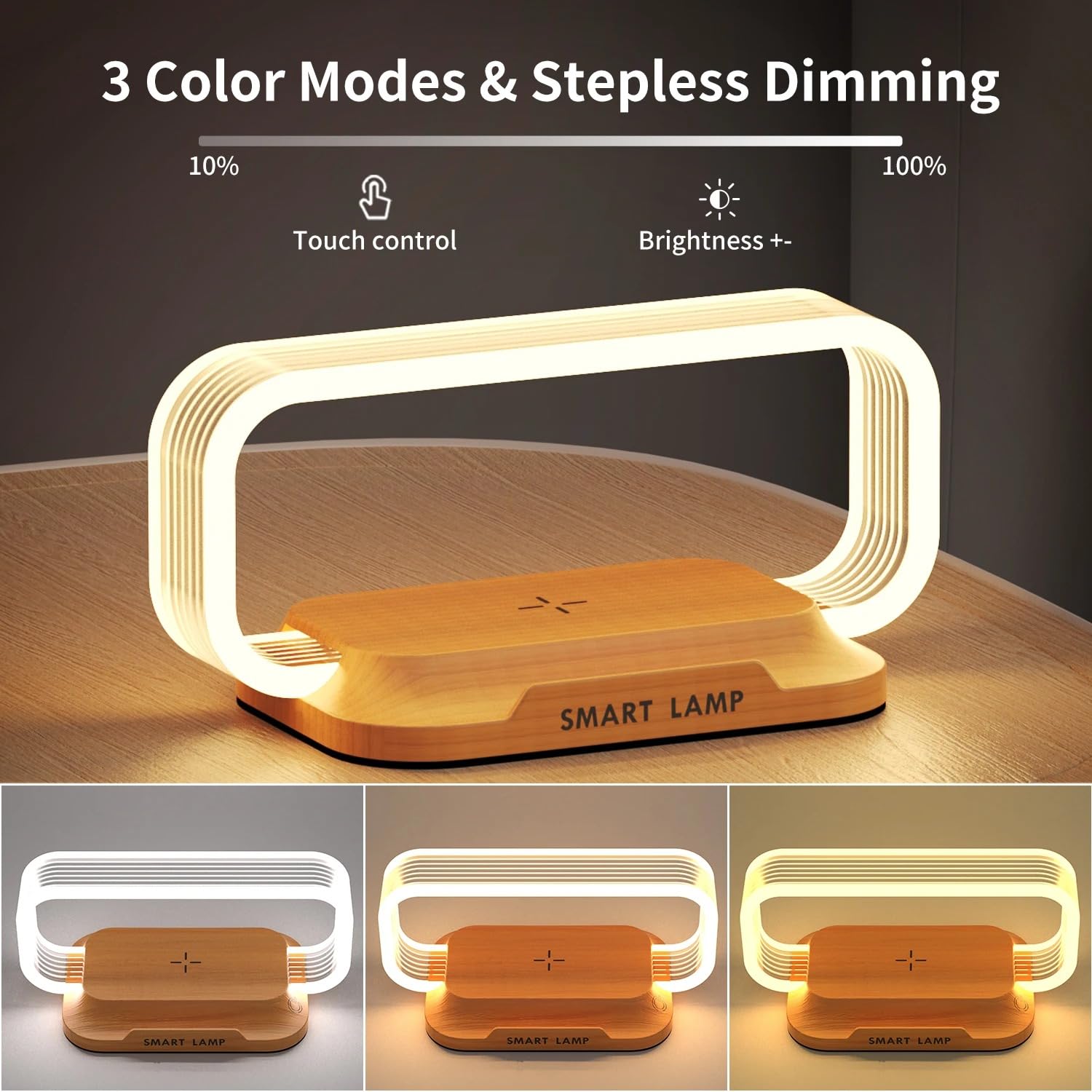 Imagineeringdepot Wireless Charging Led Bedside Lamp - Modern Acrylic Night Light With 10W Wireless Phone Charger - Stepless Diming -Touch Table Lamps For Nightstand, Bedroom, Wood Decor