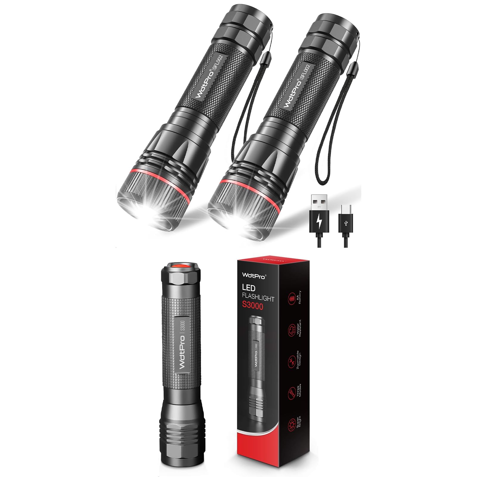 Wdtpro 1 Pack S3000 Powerful Flashlight And 2 Pack Rechargeable Flashlights High Lumens