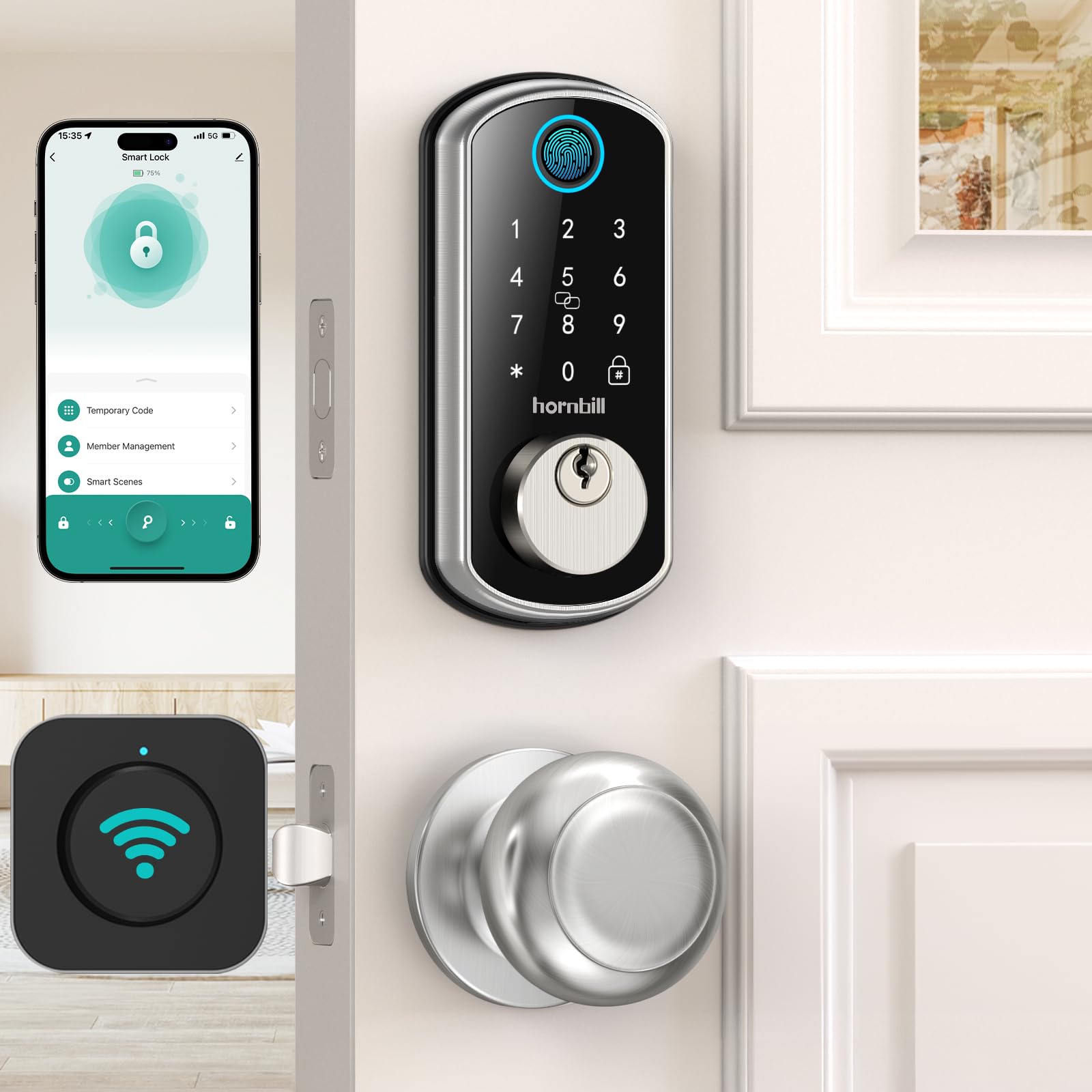 Hornbill Smart Wifi Door Lock Set: Silver Keyless Entry Door Lock Deadbolt With Handle Set Fingerprint With 2 Knobs Alexa Bluetooth Remote Code Auto For Home Hotel Security
