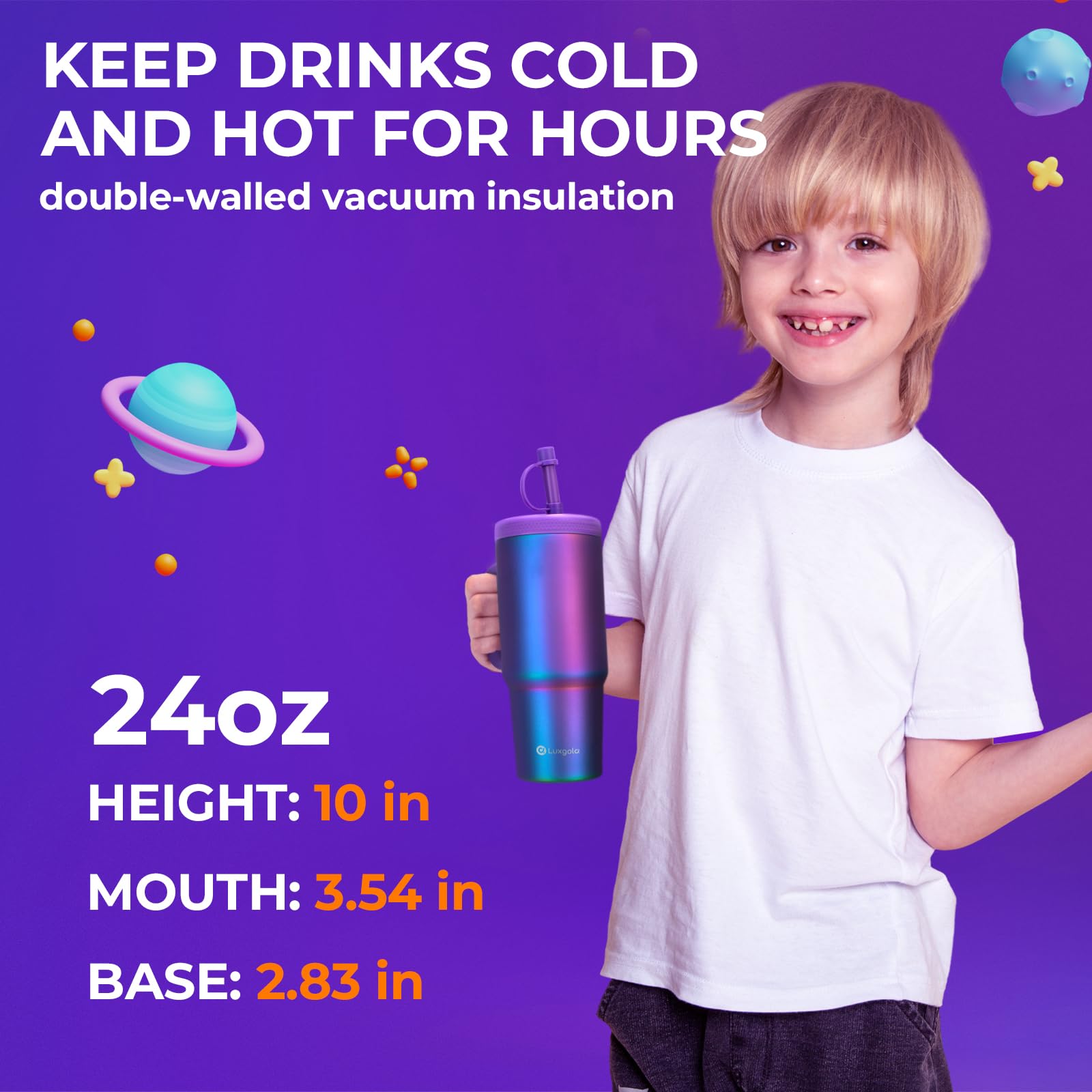 Kids 24 Oz Tumbler With Handle, Leak-Proof Screw-On Lid With Removable Silicone Straw, Spill Proof