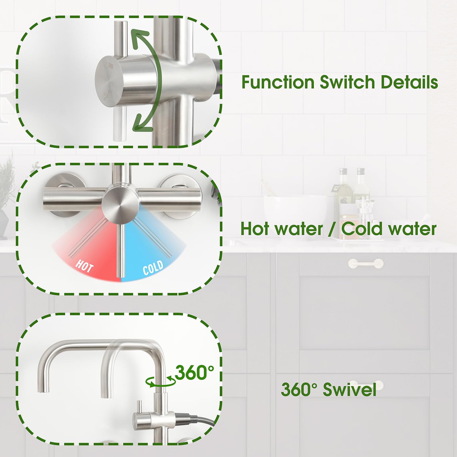 Trywell Wall Mount Faucet With Handheld Sprayer 6 Inch Center Kitchen Faucets Swivel 360°Stainless Steel Commercial Sink Faucet With Retractable 79 Inch Hose Spray Accessory Set(W-004P)