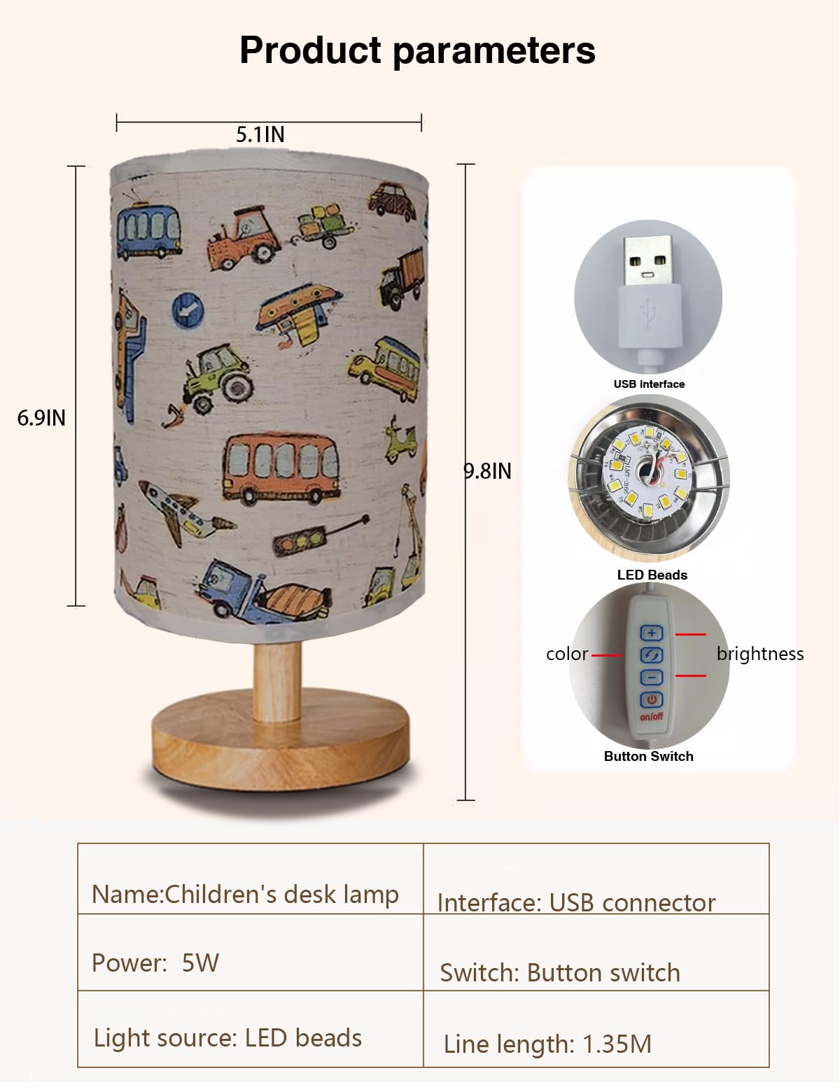 Gftdns Kids Lamps For Bedrooms Boys,Car Lamp,3 Level Dimmable Wood Nightstand Desk Base Flaxen Fabric Shade For Bedroom Living Room,Car For Boys