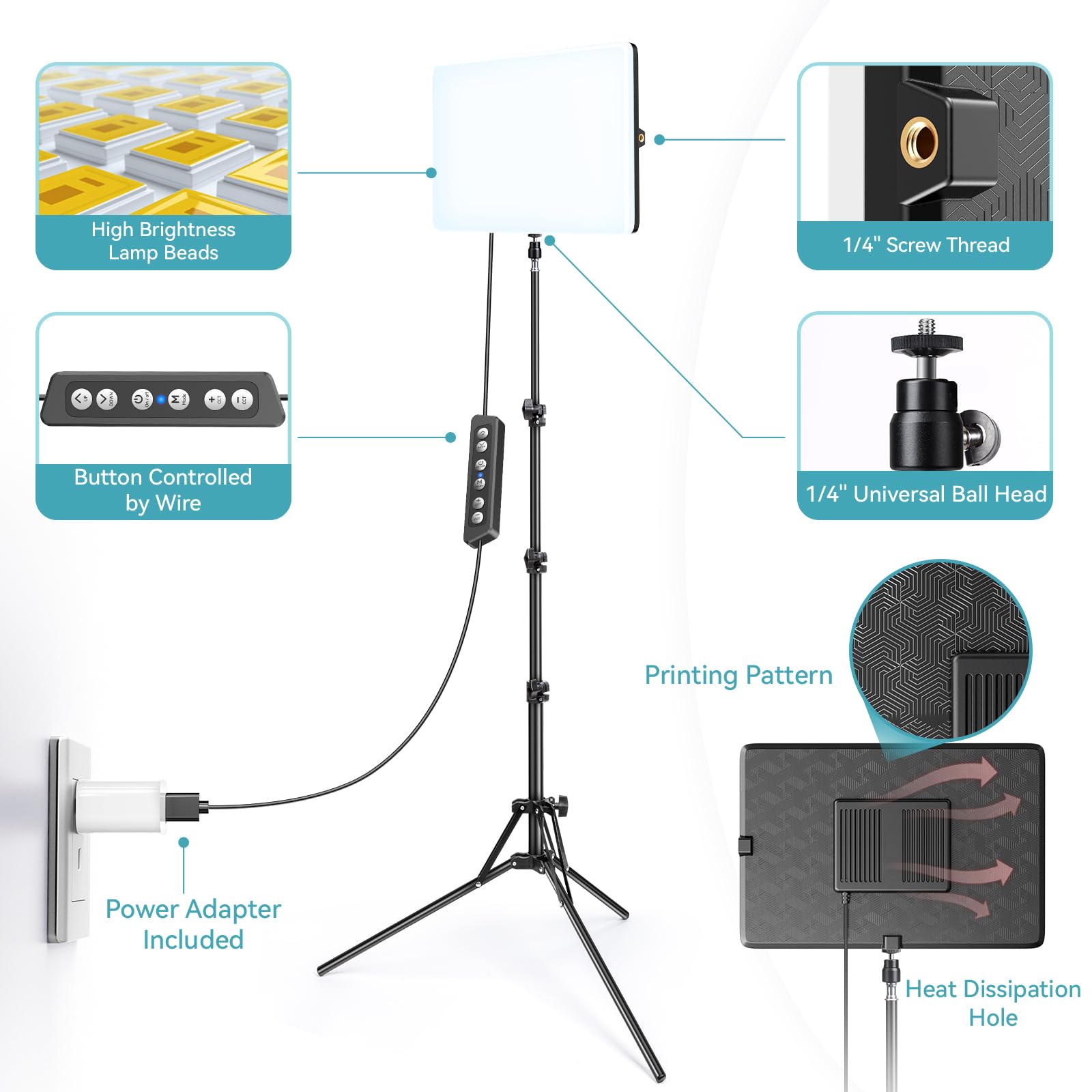 Scrhot 2 Pack Led Video Light Kit, Studio Lights, Photography Lighting With 64" Tripod Stand, Dimmable 2800-8400K Podcast Lighting Panel For Video Recording/Game Live Streaming/Youtube