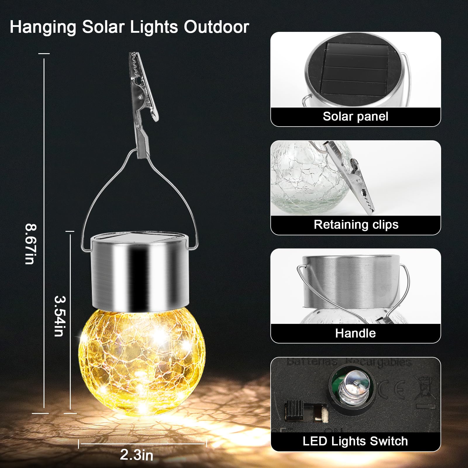 Jkimk Hanging Solar Lights For Outside Waterproof,Hanging Tree Lights Outdoor,Crackle Glass Ball Solar Lantern With Hook 10 Pack For Yard,Garden Balcony Patio Party Decoration