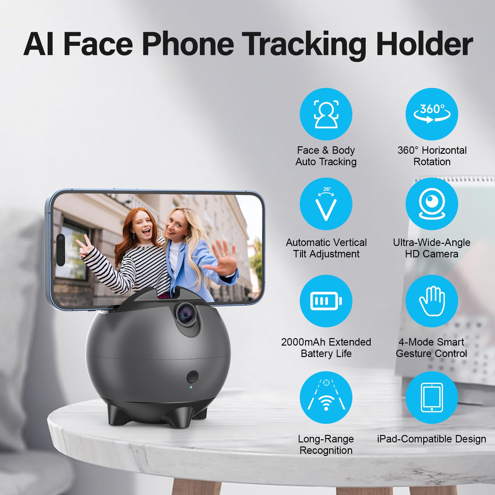 Kanisyoji Ai Auto Face Tracking Phone Holder,Latest s In ,Smart Pitch Angle Adjustment+360° Rotation,Auto Tracking Phone Stand,Tracking Tripod,Smart Shooting Stand For Live Video Recording Tiktok