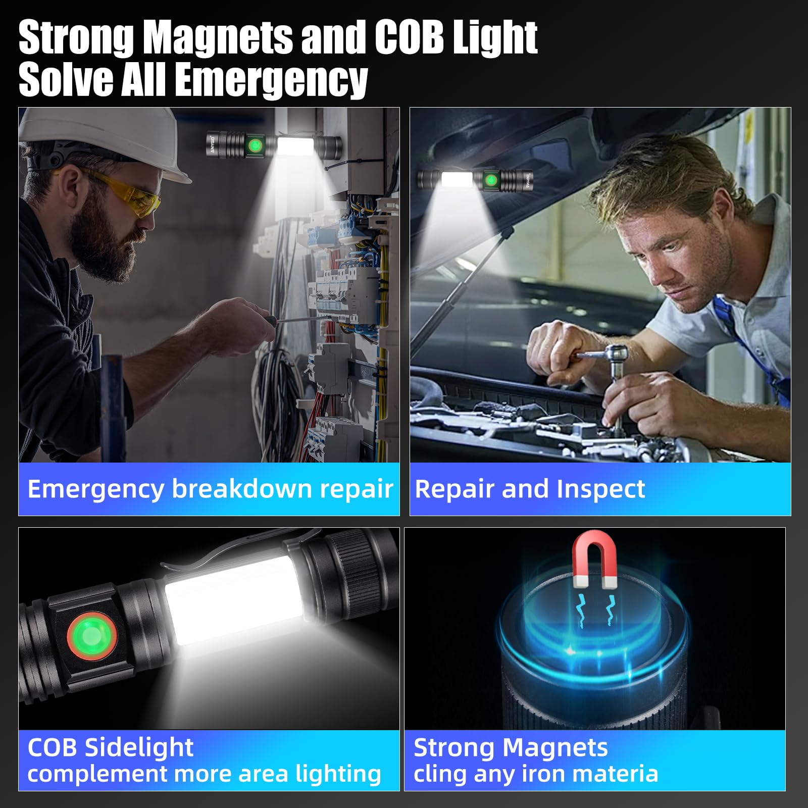 Anygo Rechargeable Usb Magnetic Led Flashlight High Lumens With Cob Sidelight, 1500Lm, Ip65 Waterproof, 4 Modes, Zoomable Linterna For Car, Camping, Repair And Emergence（2-Pack）