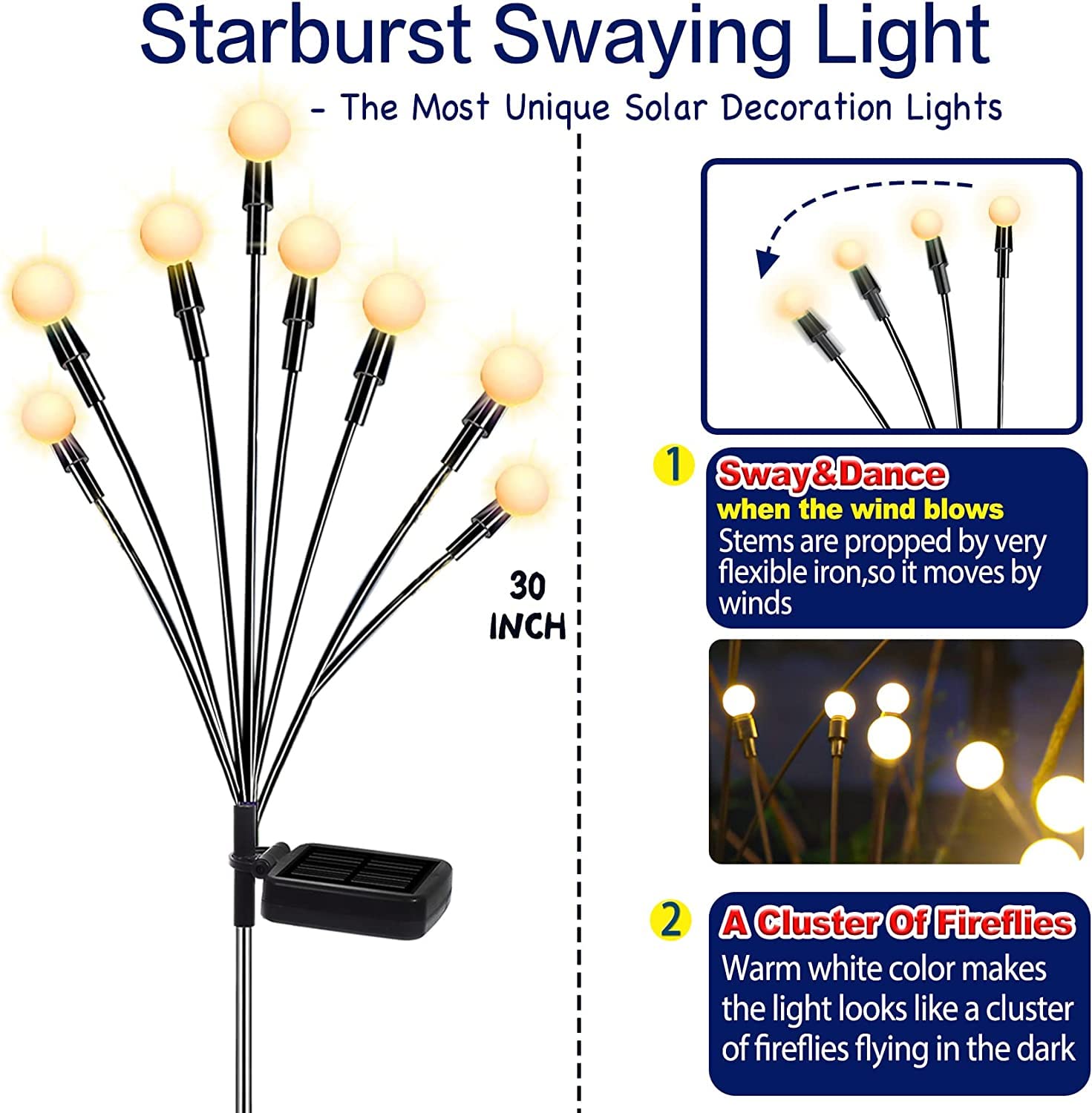 Tonulax Solar Garden Lights - Solar Swaying Light, Sway By Wind, Outdoor Lights, Yard Patio Pathway Decoration, High Flexibility Iron Wire & Heavy Bulb Base, Warm White (4 Pack)