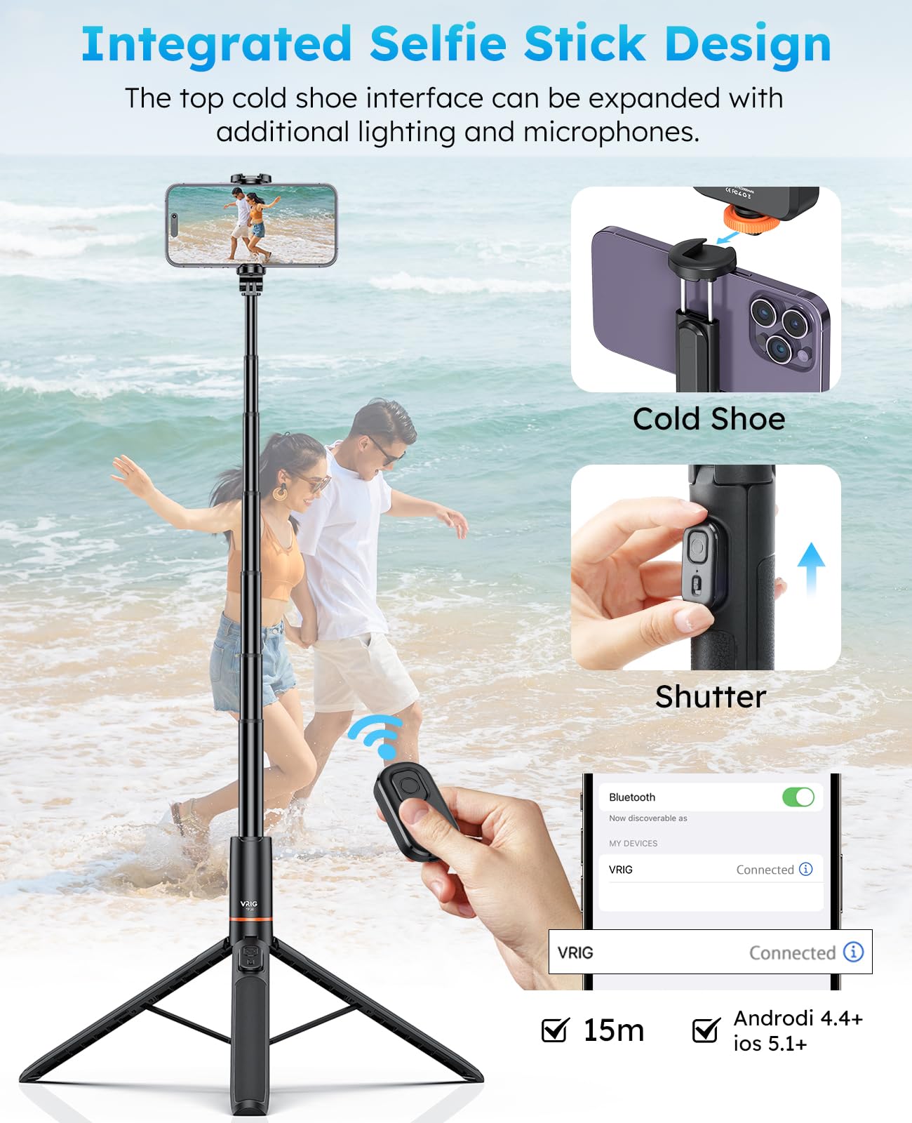 Vrig Direct Vrig 63" Phone Tripod&Selfie Stick For Iphone,Integrated Selfie Stick With Bluetooth Shutter,Cell Phone Tripod Stand For Video Recording Compatible With Iphone 16/15/14/13/All