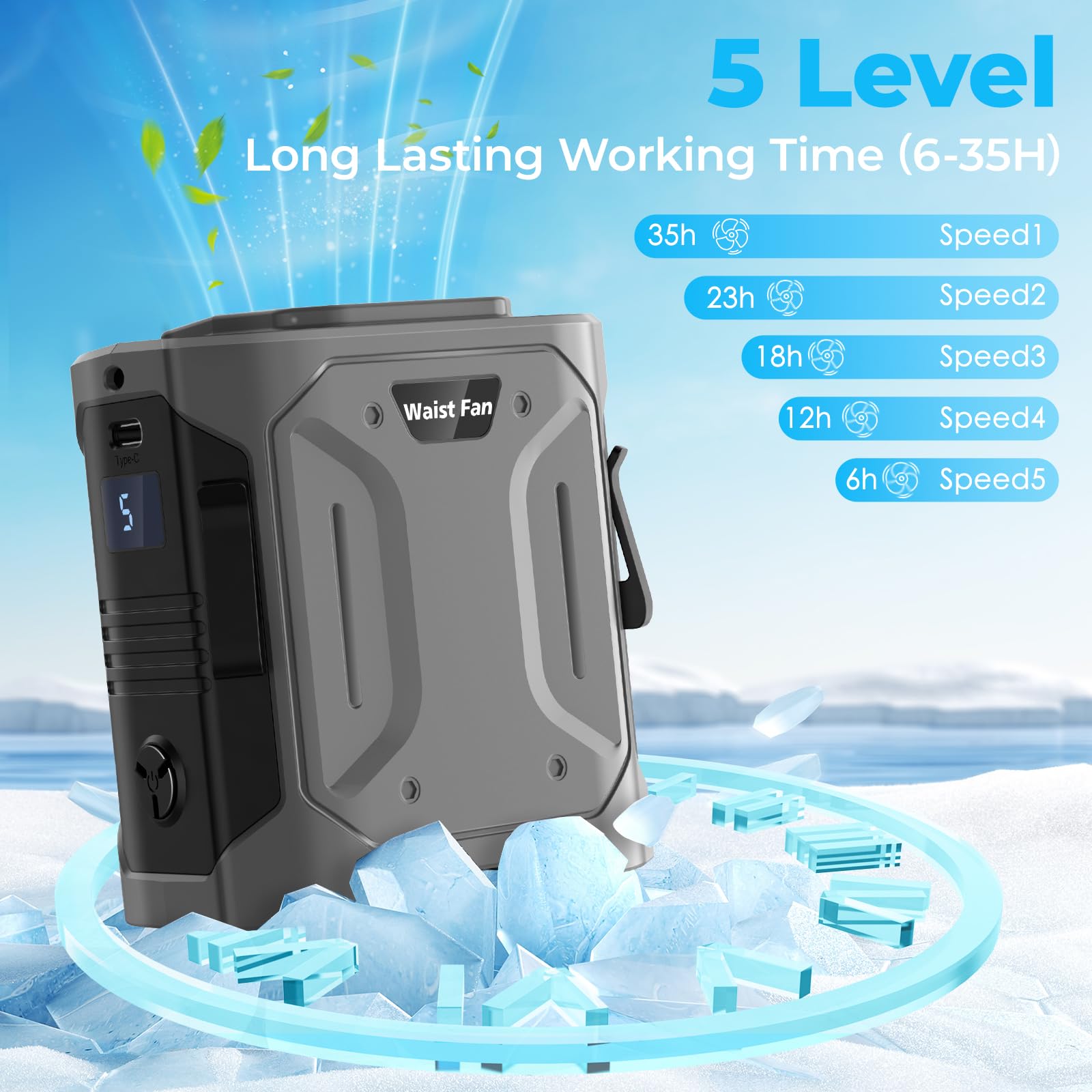 Portable Waist Fan Clip-On 10000Mah: Belt Neck Personal Fan Rechargeable 5 Speeds & Led Sos Light