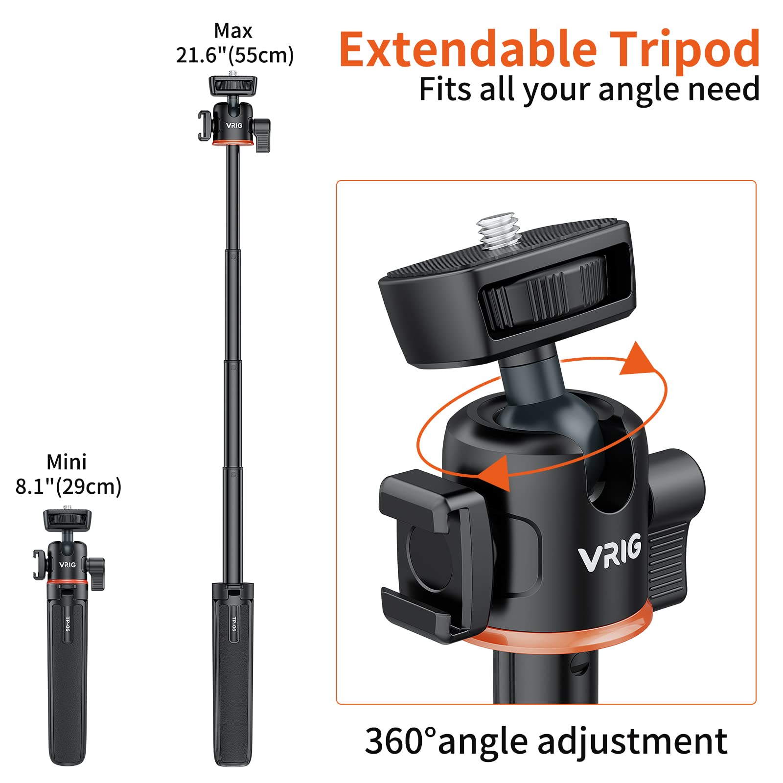Vrig Express Magnetic Tripod, 21.6" Extendable + 1/4" Mount + Ring, Cell Phone Stand For Iphone 14, 13, 12 & All Phones & Cases
