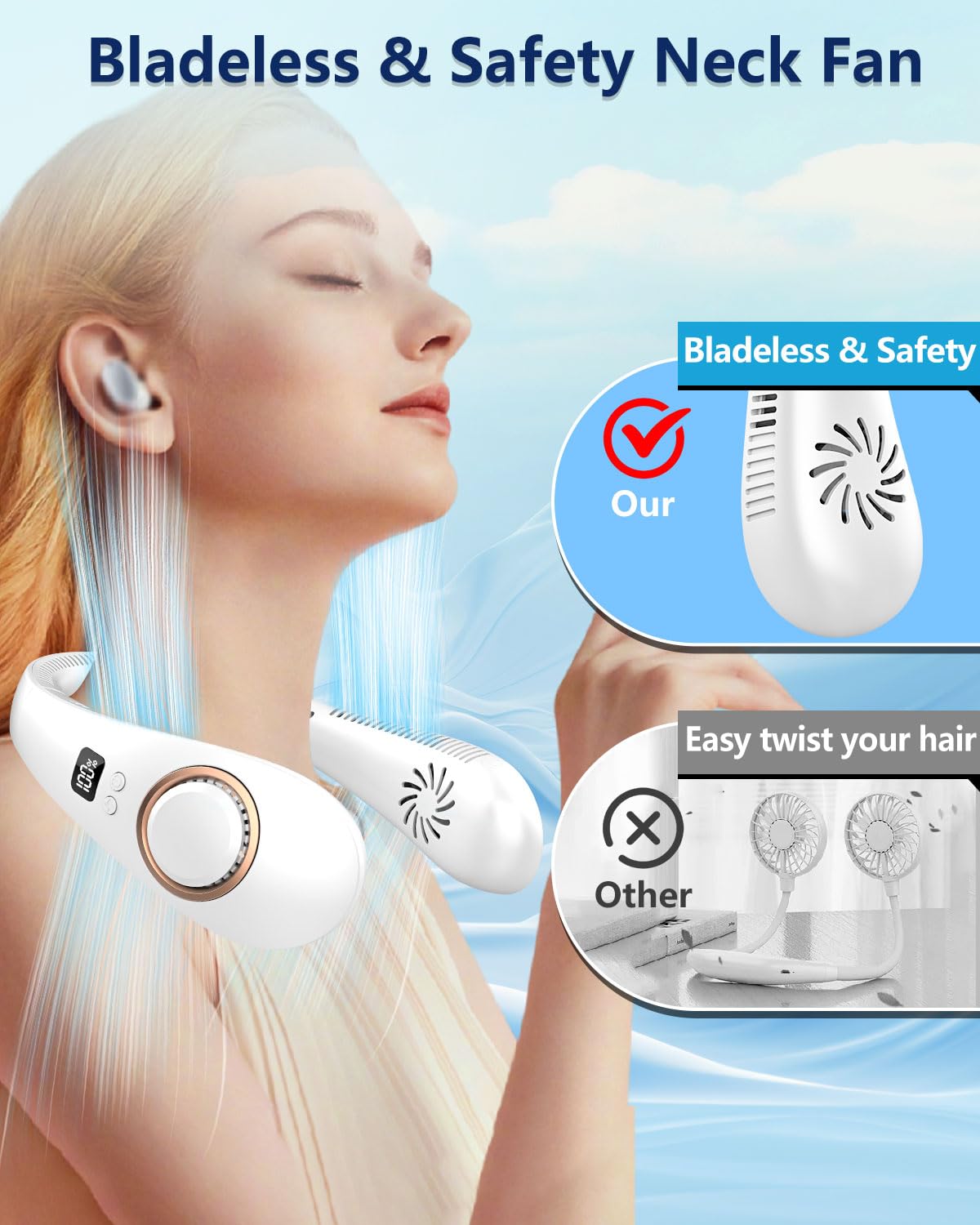 Neck Fans Portable Rechargeable,Bladeless Neck Fan Battery Powered,Foldable Leafless Hands Free Usb