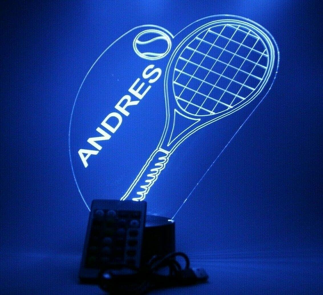 Mirror Mania Tennis Racket Racquets And Ball Court Sports Player Night Light Up Table Lamp Led Engraved Custom Name Personalized With Remote, 16 Color Options, Dimmer, It'S Wow, Great