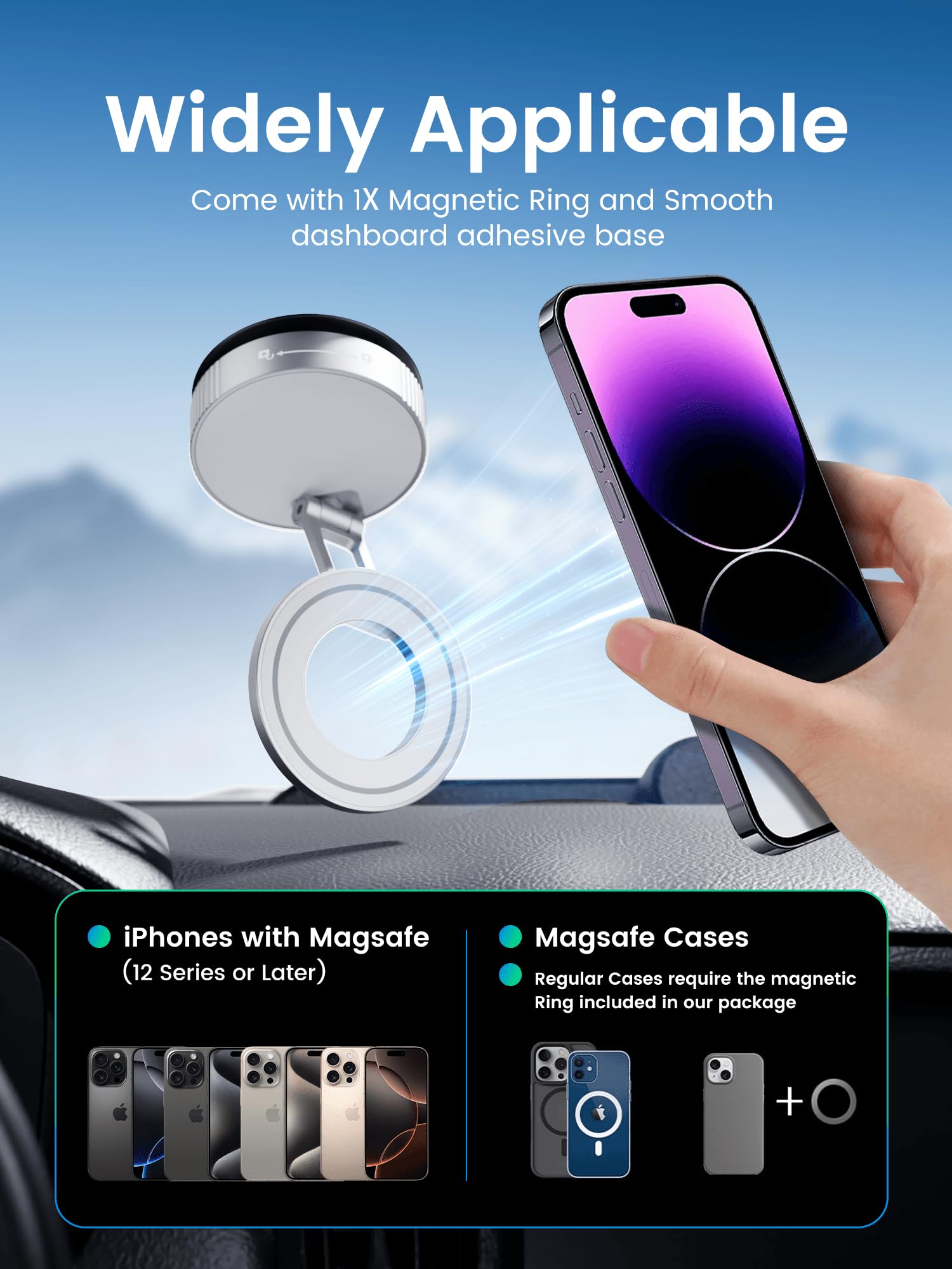 Hohosb Vacuum Magnetic Phone Holder For Magsafe,Foldable Metal Suction Cup Phone Mount,360° Rotatable Phone Mount For All Smartphones & All Car Models-Silver