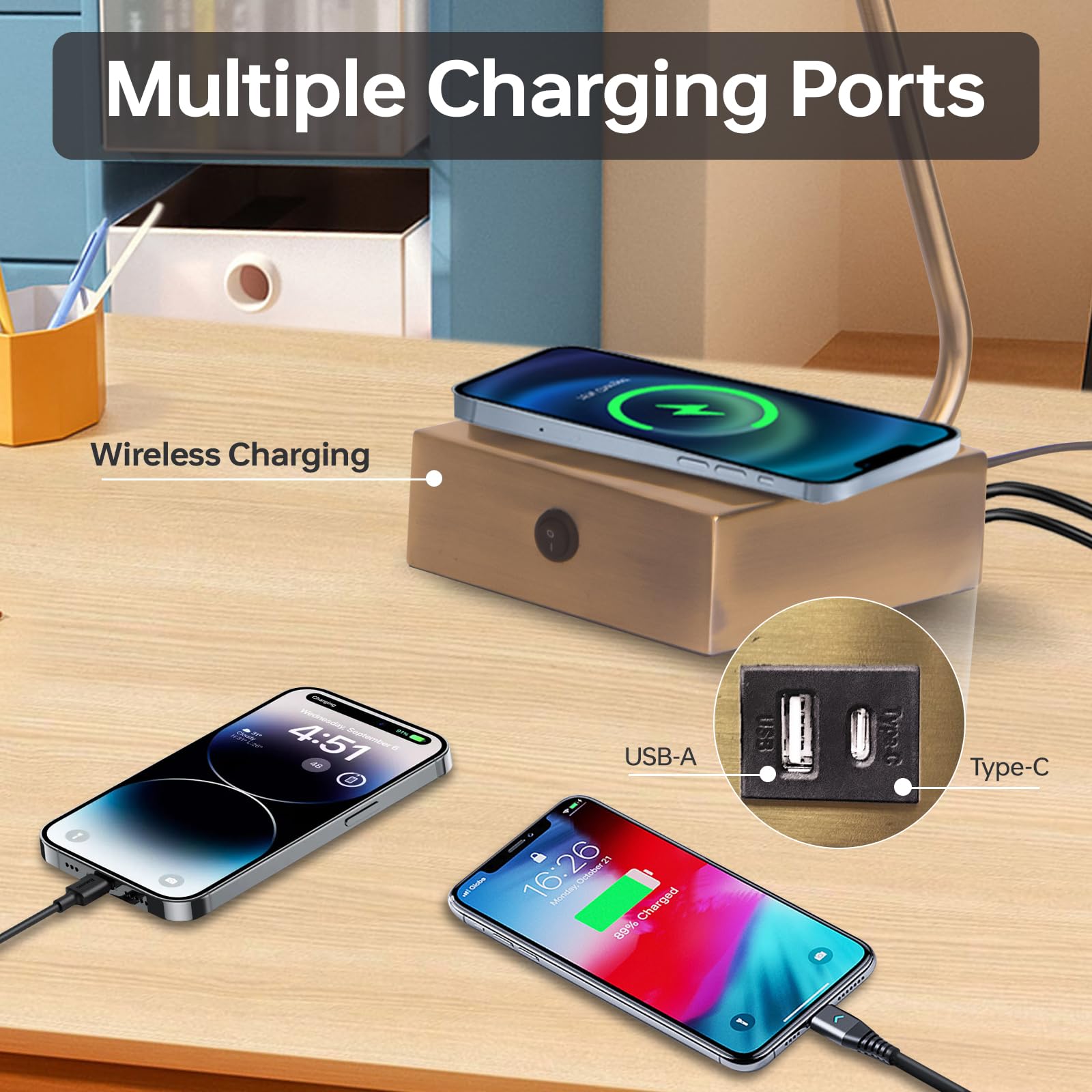 Lianheng Led Desk Lamp With Wireless Charger,2 Usb Charging Port,Desk Lamps For Home Office,Button Switch,Adjustable Lamp Head,Suitable For Study,Living Room,Bedroom,Office-(Gold Color)