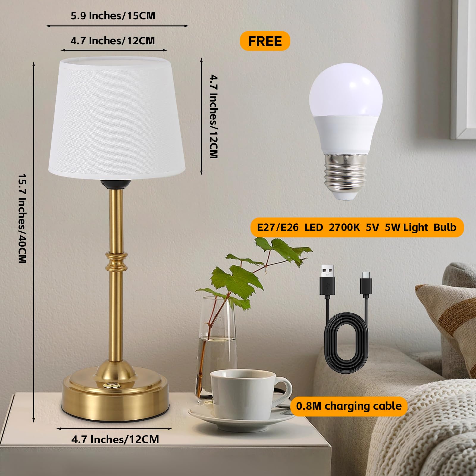 Pinrutar Portable Cordless Table Lamp, Usb Rechargeable 6000Mah Battery Operated Lamps With Flaxen Fabric Shade, 3000K Led Touch Dimmable Bedside Lamp, Small Night Light, Gold Brass