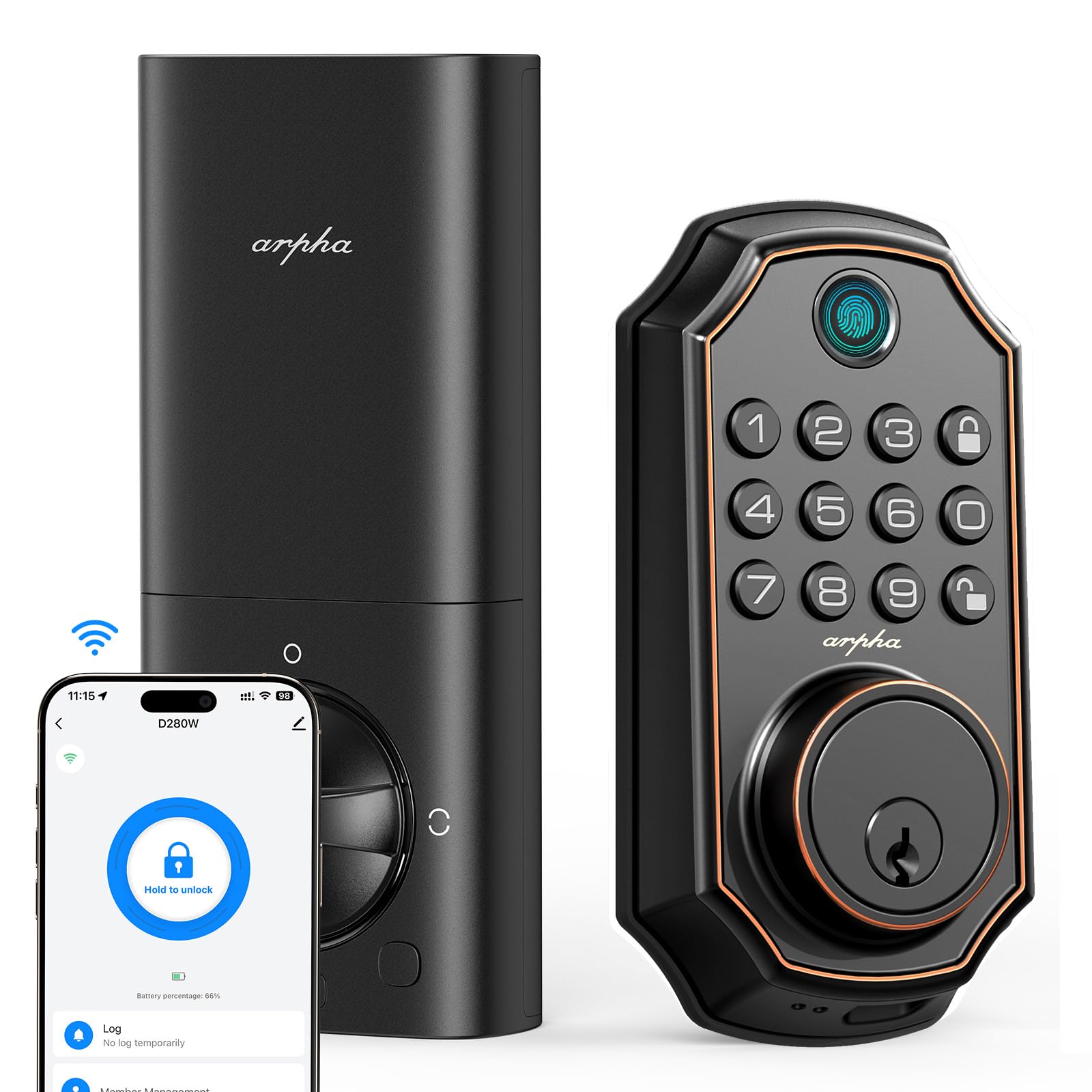 Arpha Fingerprint Smart Door Lock - Keyless Entry Door Lock, Built-In Wifi Deadbolt With Keypad, App Remote Control, Easy Installation