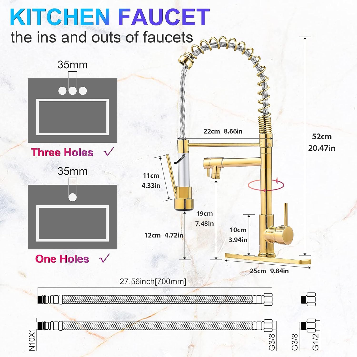 Serimer Gold Kitchen Faucet，Kitchen Faucet With Pull Down Sprayer, Commercial Spring Kitchen Faucet，Single Handle High Arc Kitchen Faucet Deck Plate For Camper Farmhouse Rv Bar