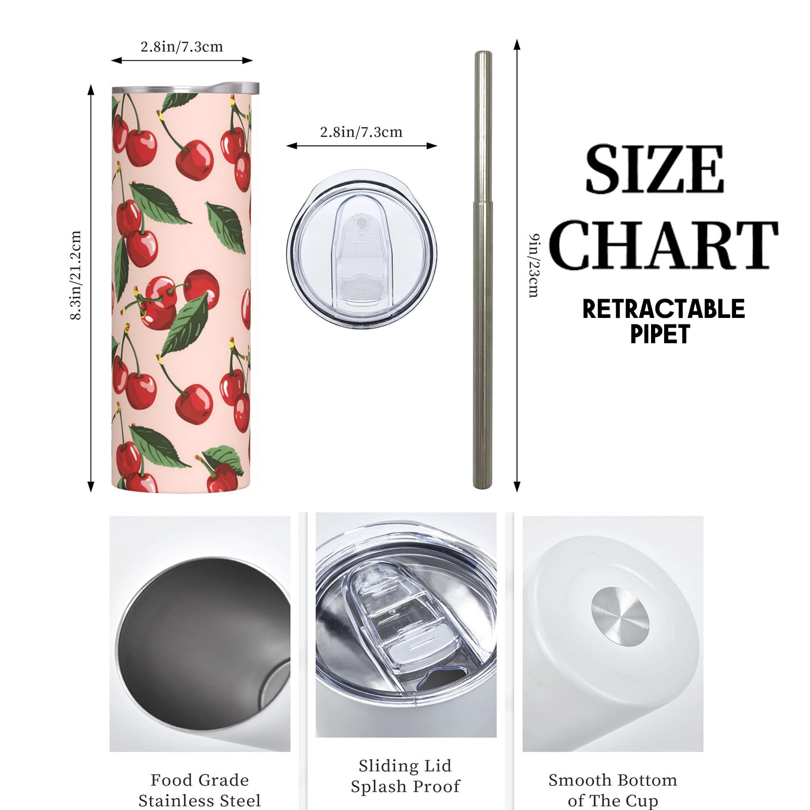 Cute Cherry Stainless Steel Insulated Tumbler With Lid And Straw - 20Oz Red Fruit Travel Mug