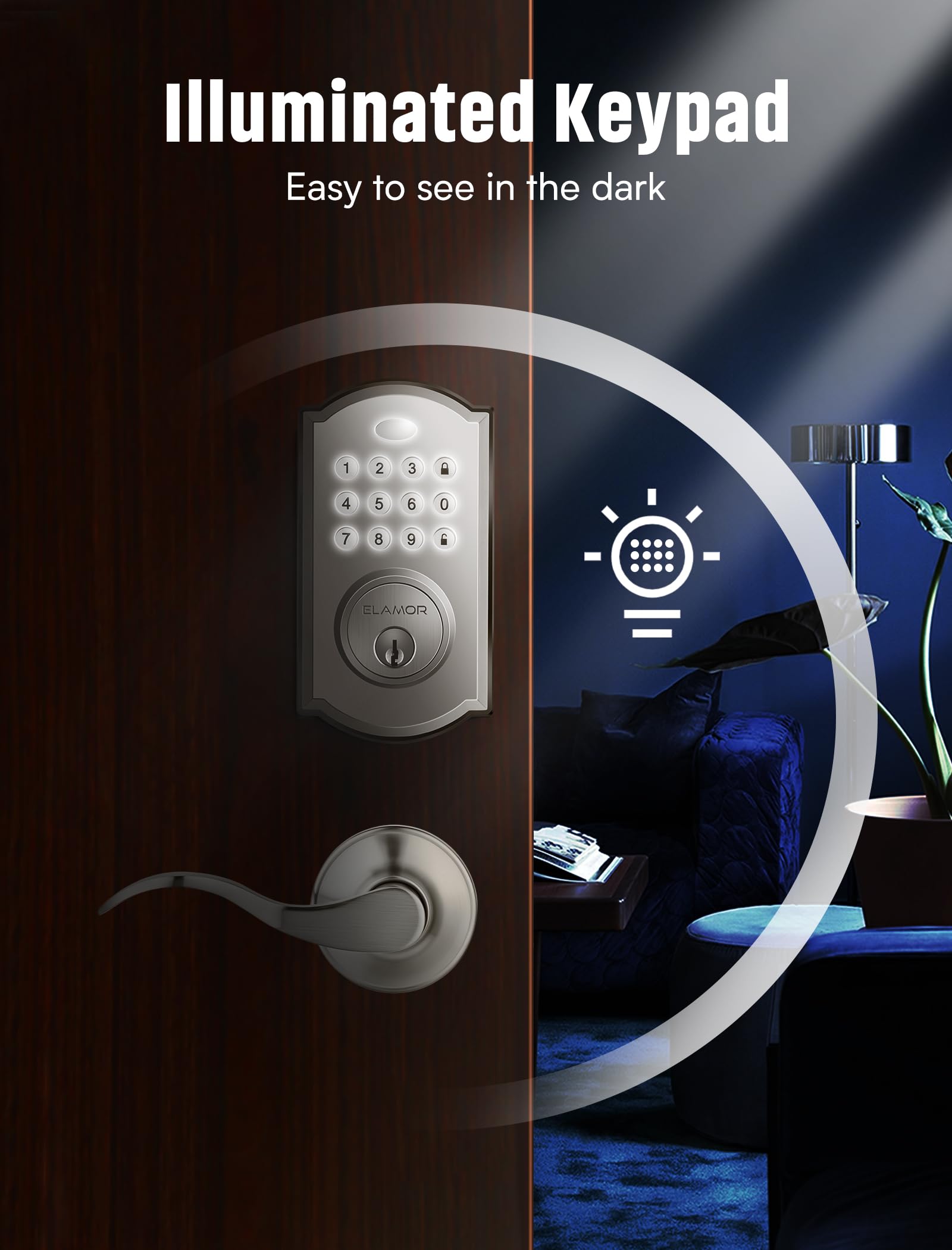 Elamor M19 Keyless Entry Door Lock With 2 Lever Handles, Auto Lock, 50 User Codes, Easy-To-Install Smart Door Lock For Front Door, Waterproof Security Handle Set, Home/Hotel Use, Sand Nickel