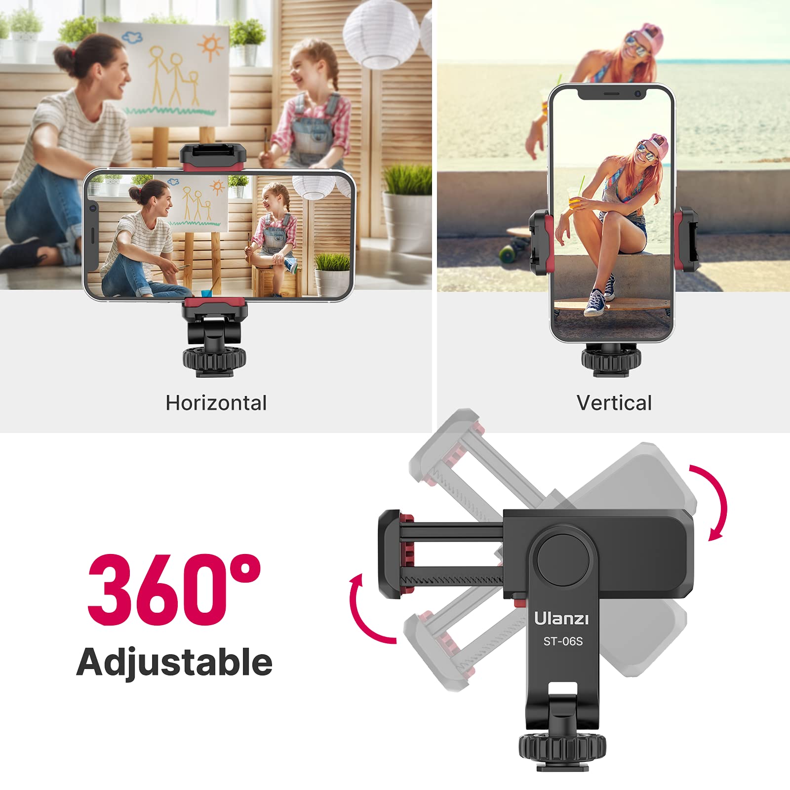 Ulanzi St-06S Phone Tripod Mount, Universal Smartphone Mount Adapter With 2 Cold Shoe, 360° Rotates Adjustable Cell Phone Clip Clamp Holder, Compatible With Iphone, Samsung Galaxy And All Phones