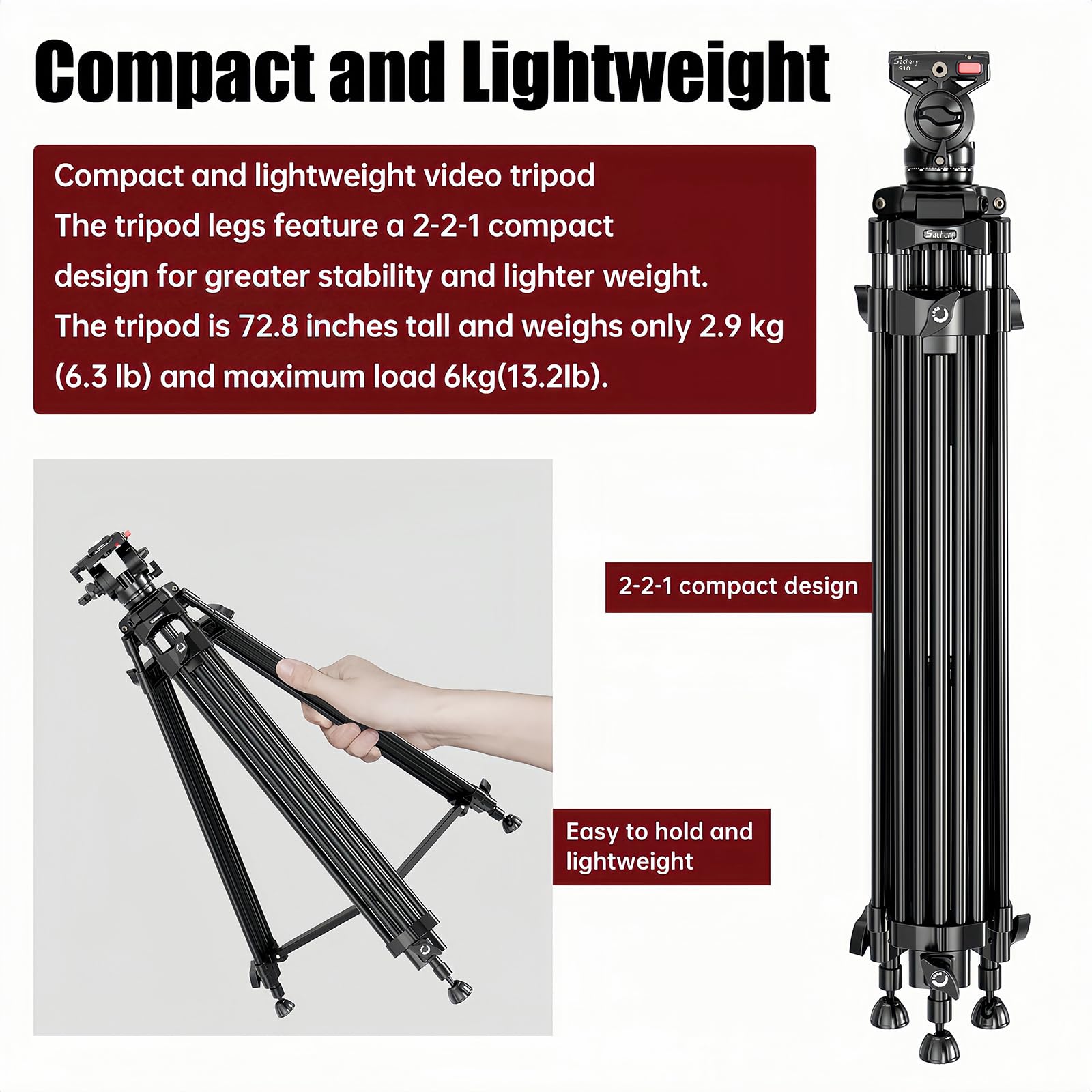 Sachery Video Tripod With 360° Fluid Head (Bv185), Heavy Duty Tripod 72.8'' Aluminum Alloy Camera Tripodt, Lift Rope, Load Up To 6Kg/ 13.2 Lbs, Lightweight At Only 6.3 Lbs