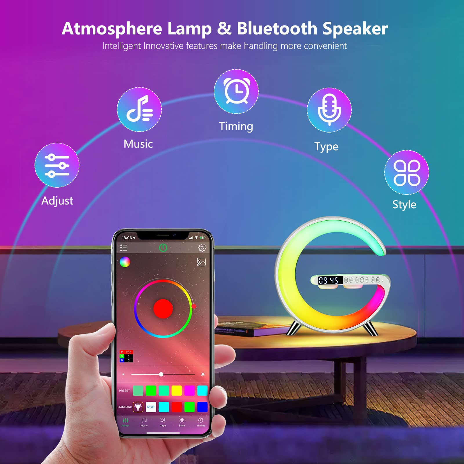 Blingbin Wireless Charger Atmosphere Lamp, Intelligent Led Table Lamp, Bluetooth Speaker, Dimmable Night Light Bedside Lamp Alarm Clock With Music Sync, App Control For Bedroom Home Decor (White)