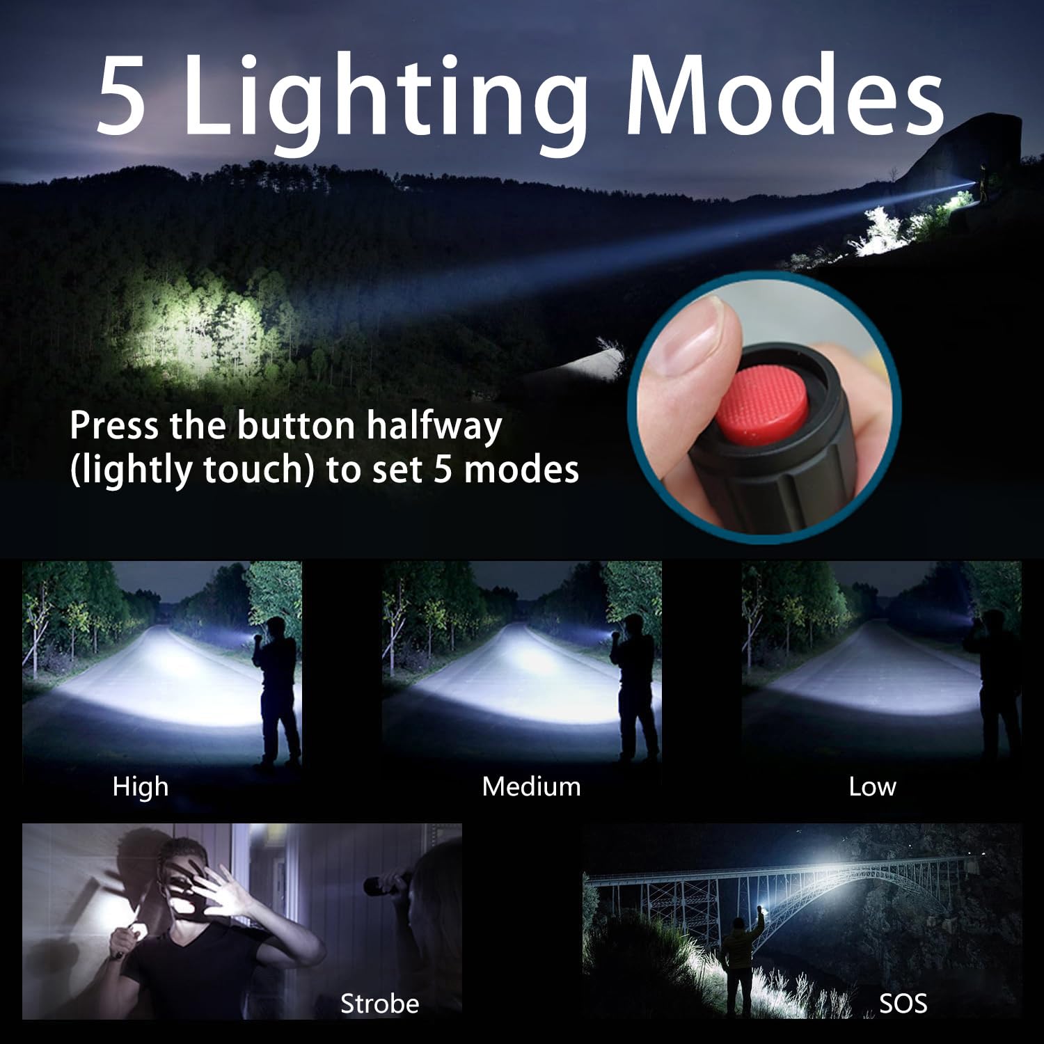 Kzk Led Flashlight, Bright 2500 Lumens Tactical Flashlight, 5 Modes Zoomable Beam, Waterproof & Durable For Camping, Outdoor, Home Emergency （2 Pack）