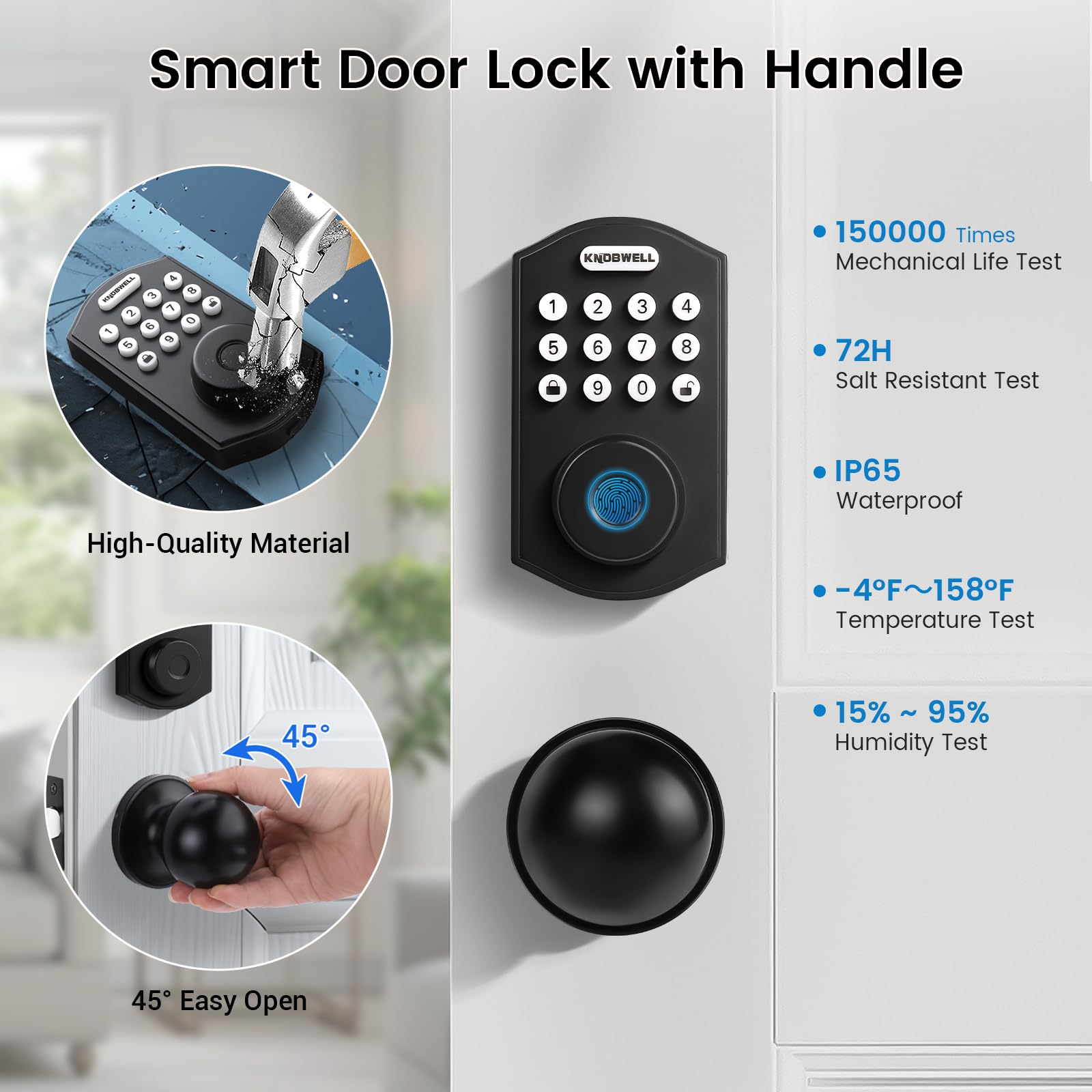 Knobwell Electronic Keypad Deadbolt With Door Knob, Keyless Entry Door Lock With Handle, Smart Lock For Front Door, App Control Keypad Biometric Electronic Digital Door Lock