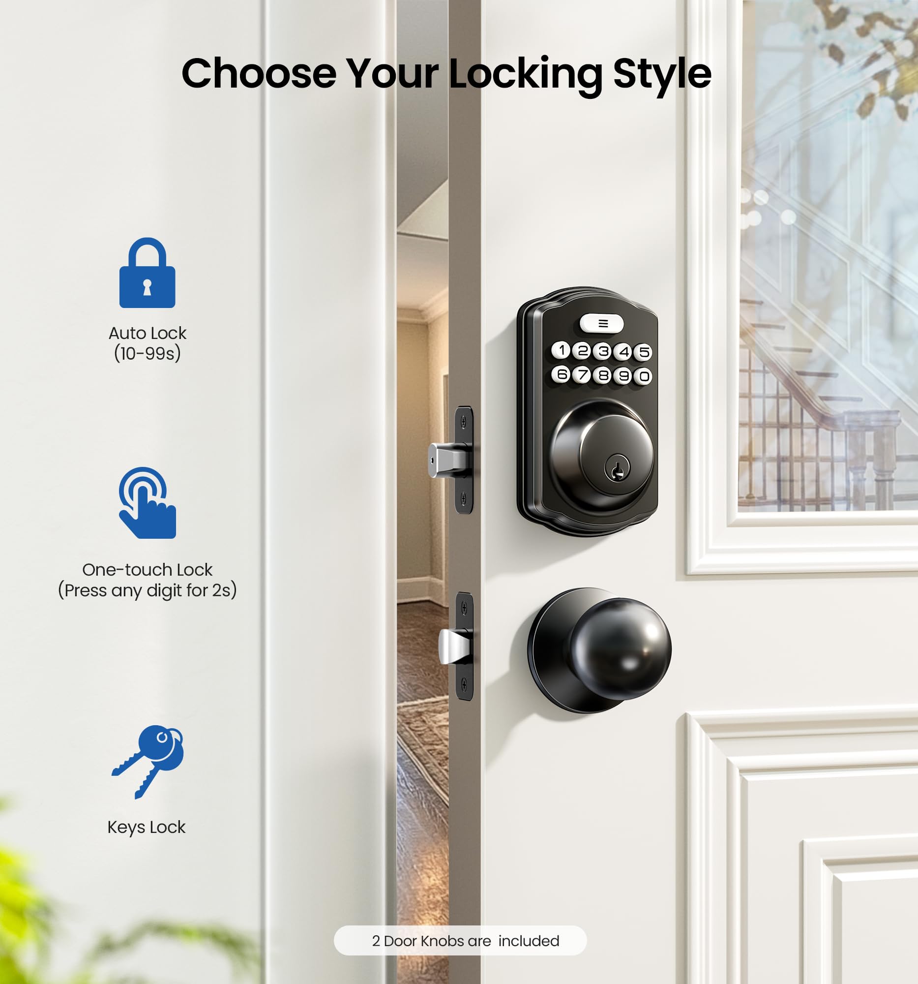Veise Keyless Entry Door Lock With 2 Knobs, Electronic Backlit Keypad Deadbolt With Handle Set, Auto Lock, One-Time Codes, Smart Deadbolt For Front Door, Easy Installation, Matte Black
