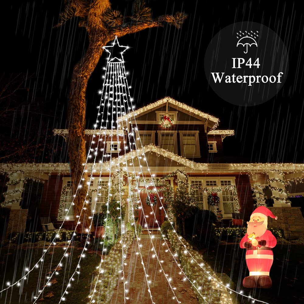 Miniao Christmas Decorations Star String Lights, 320 Led Waterfall Tree Lights With 13" Topper Star 8 Lighting Modes Indoor Outdoor Decorative For Year, Holiday, Wedding, Party