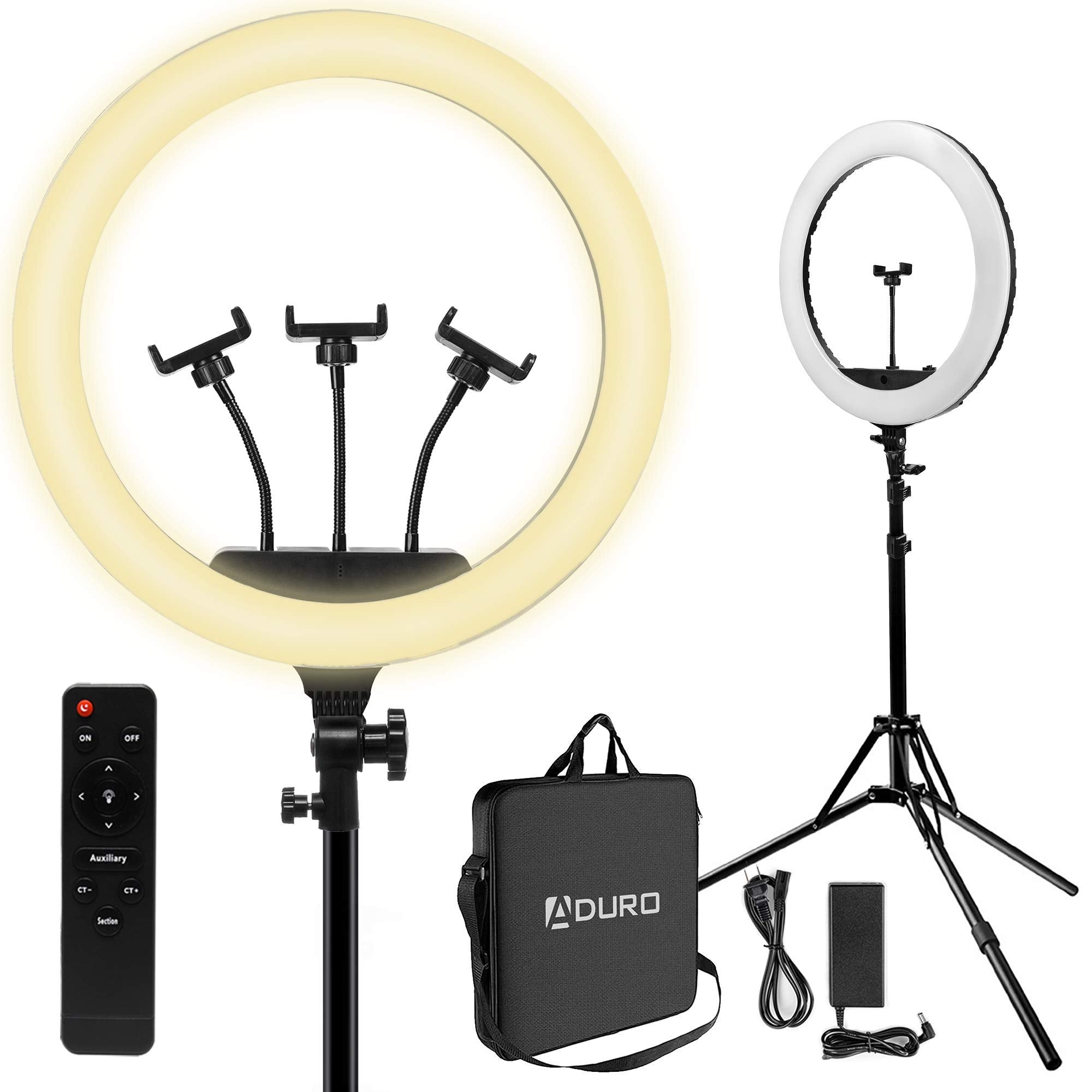 Aduro U-Stream 18" Inch Ring Light Tripod Stand Tall Ringlight With 3 Phone Holders For Vlog Live Stream Videos Makeup Youtube Video Beauty Ring Light Pro With Stand Extendable Phone Tripod