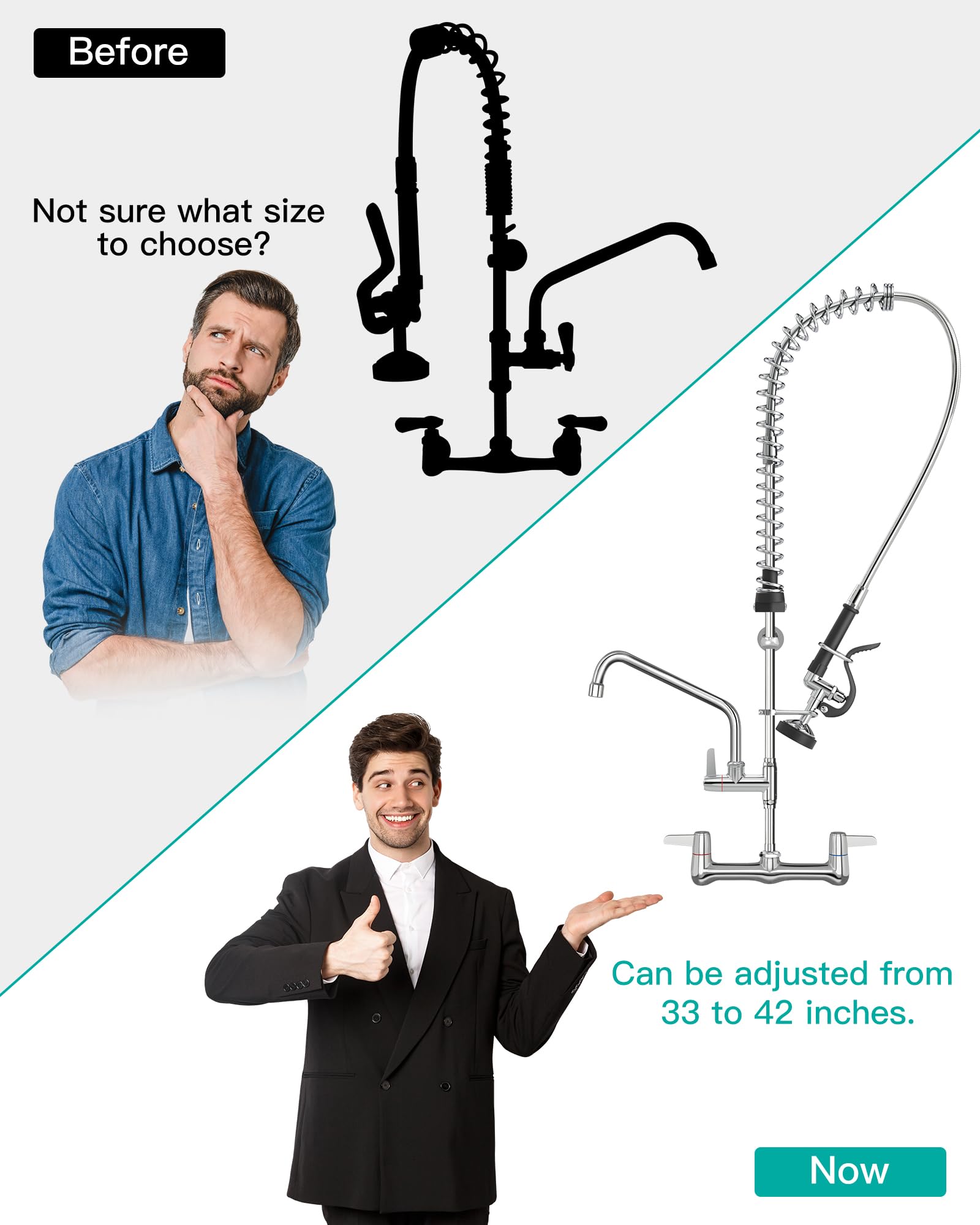 Rnatflu Commercial Faucet With Sprayer Wall Mount : 8 Inch Center Commercial Sink Faucet For Restaurant Industrial Kitchen- Height Adjustable (33-42 Inch) 3 Compartment Sink (Black Sprayer)