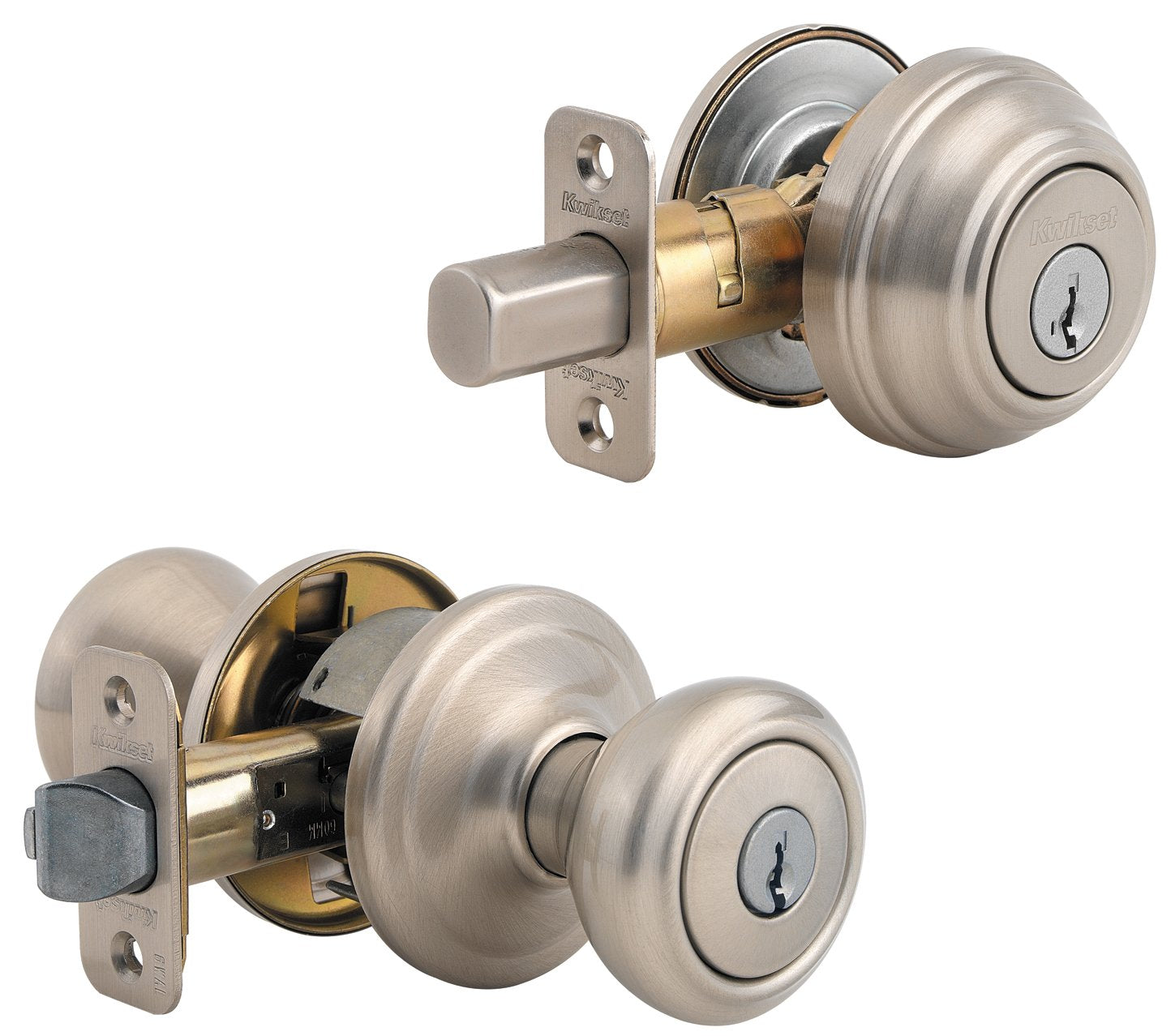 Kwikset Cameron Keyed Entry Door Knob And Single Cylinder Deadbolt Combo Pack With Microban Antimicrobial Protection Featuring Smartkey Security In Satin Nickel