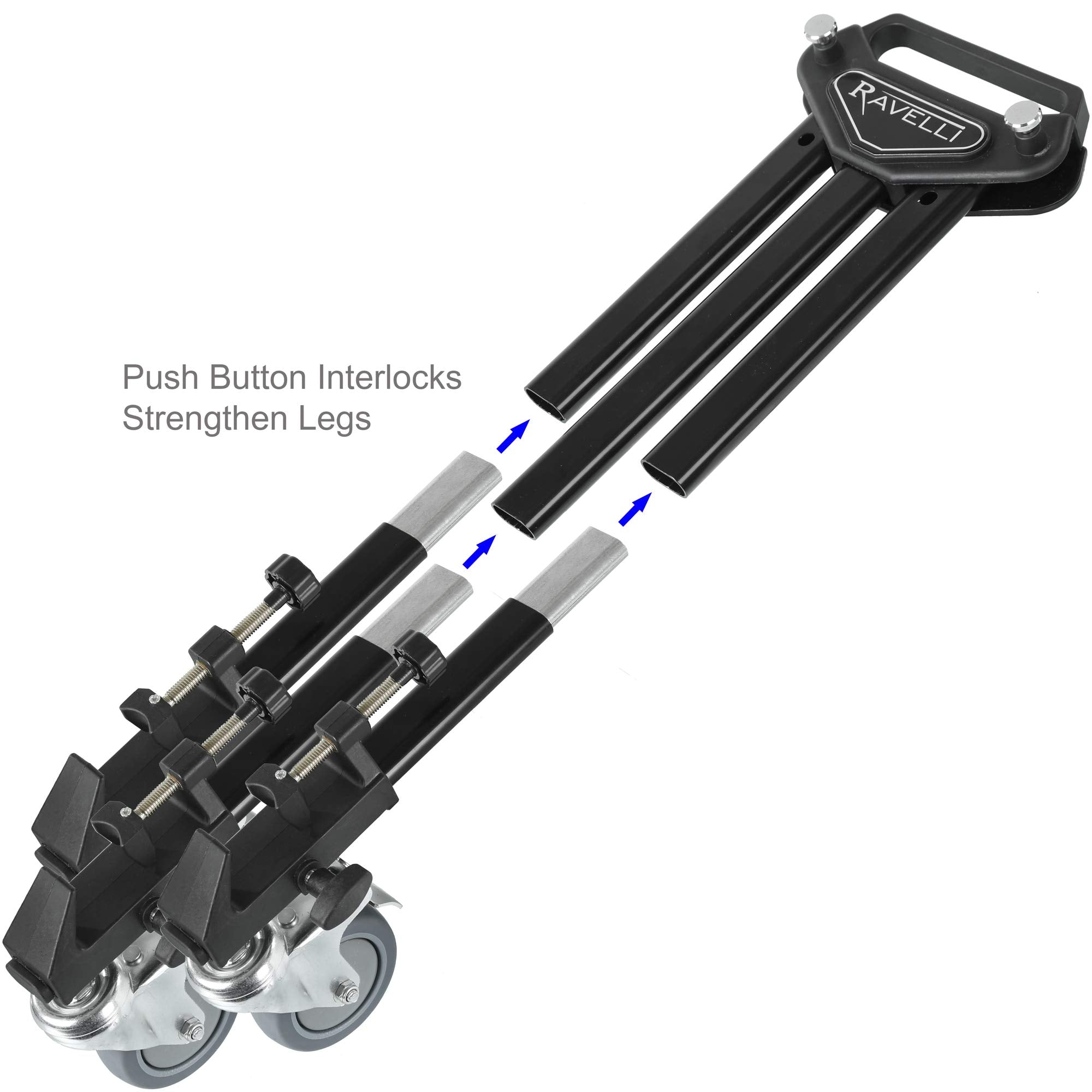 Ravelli Atd Heavy Duty Professional Photo Tripod Dolly With 3" Ball-Bearing Rubber Step-Lock Wheels Holds 45Lbs At 37" Spread With Two Section Solid Aluminum Bar Reinforced Non-Telescoping Leg Design