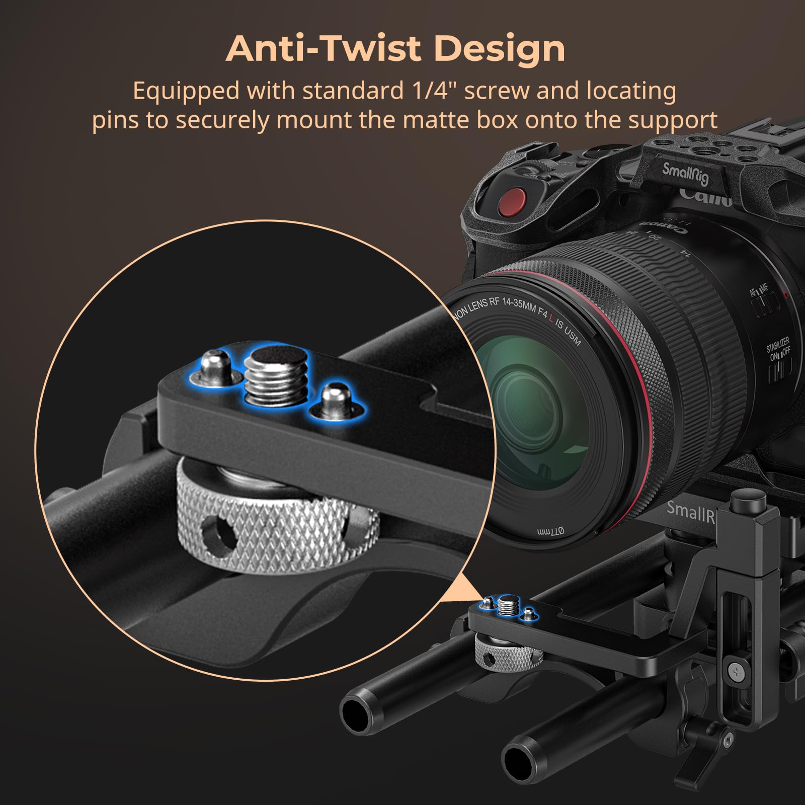 Smallrig Adjustable Swing-Away Support, 15Mm Dual Rod Clamp With Side-Opening Rocker, With 1/4"- 20 Screw And Locating Pins, Anti-Twist Design, For Matte Box - 4414