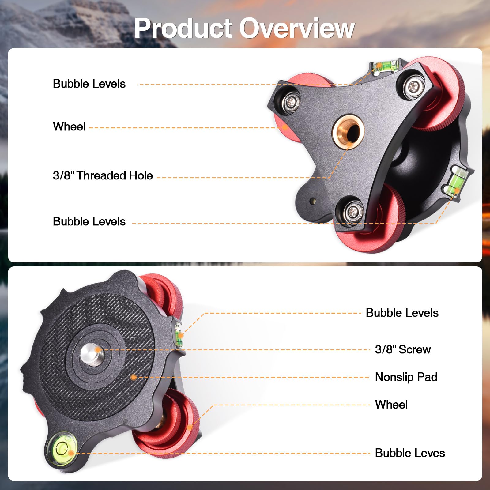 Yqlbgprj Tripod Leveling Base,Camera Head Leveler,3/8”Thread,+/-5°Precise Angle Adjustment,Aircraft-Grade Aluminum Alloy 3Axis Tri Wheel Head,For Macro Panoramic Head,Lp64