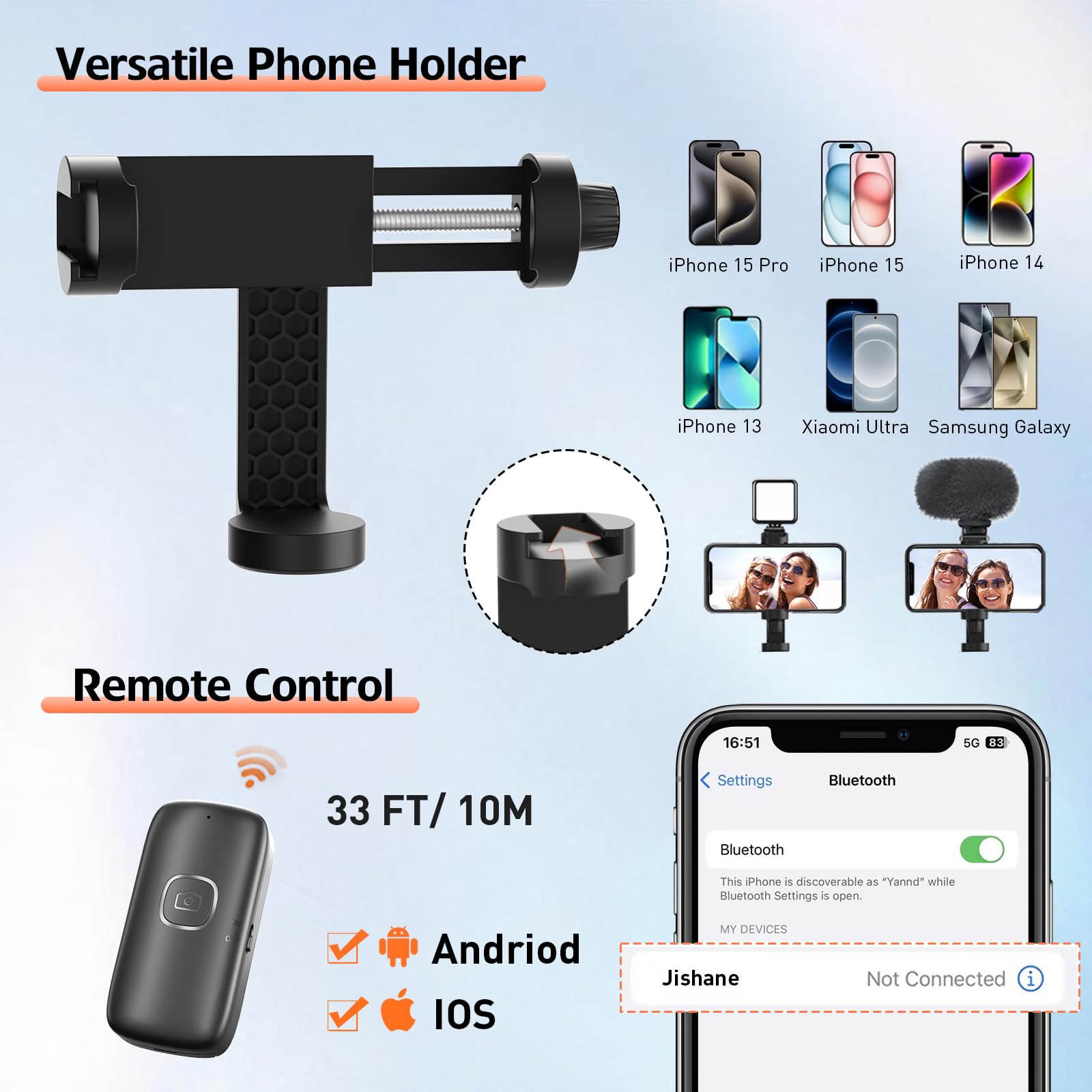 Jishane 70" Phone Tripod & Selfie Stick, Extendable Cell Phone Tripod Stand With Wireless Remote And Phone Holder, Compatible With All Phones, Cameras