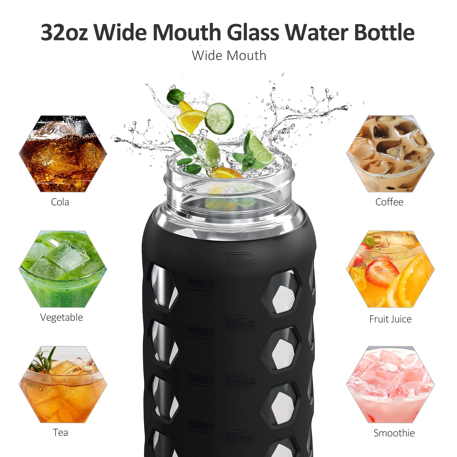 Mukoko 32Oz Glass Water Bottles With 2 Lids-Handle Spout Lid&Bamboo Straw Lid