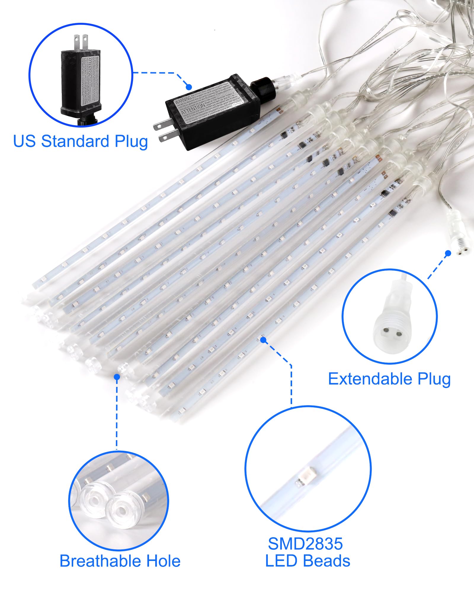 Blingstar Meteor Shower Lights - Outdoor 10 Tubes, 16 Inch, 360 Led, Waterproof Falling Rain Lights For Tree, Porch, Roof, Yard - Xmas, Halloween Decoration, Blue