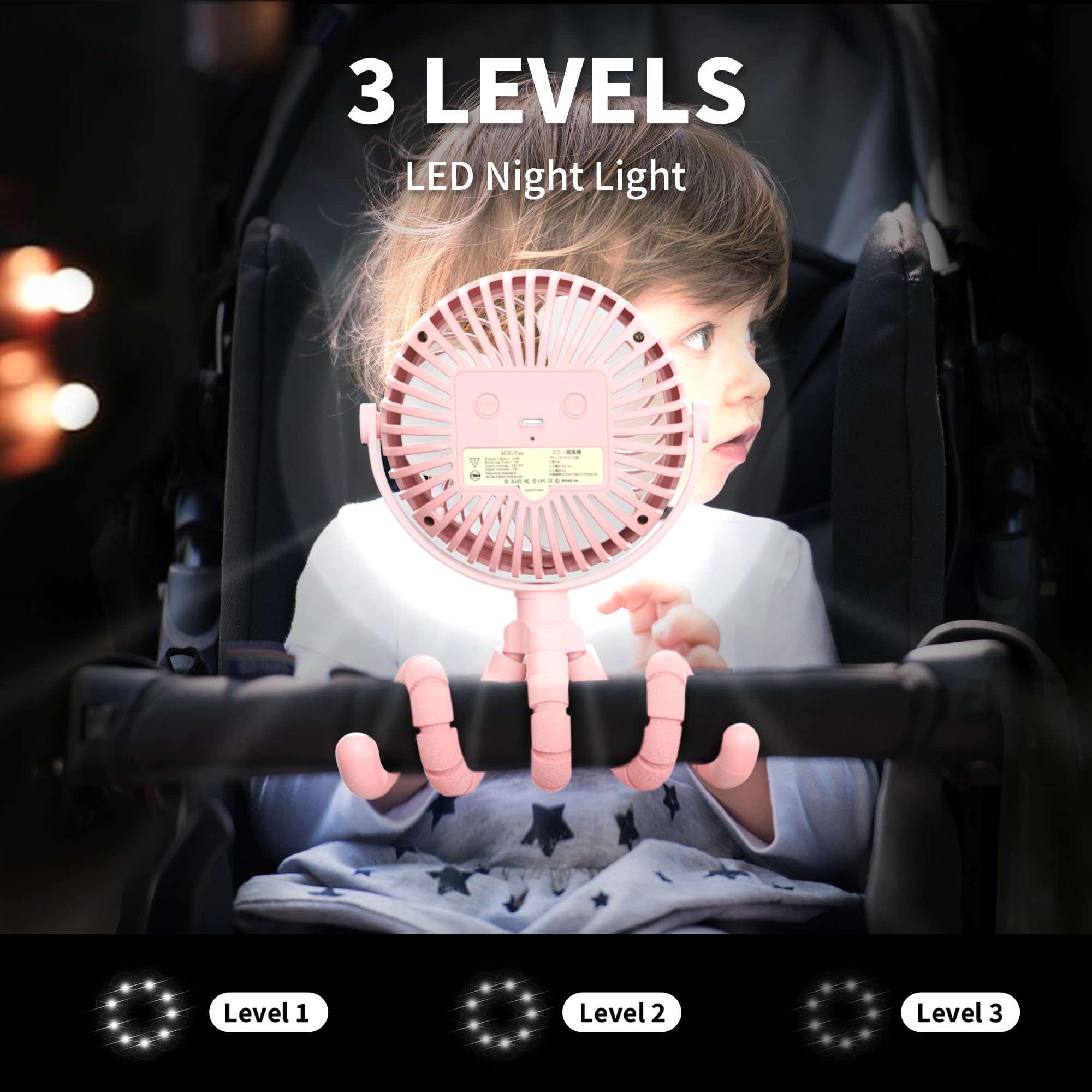 Battery operated Amacool stroller fan with flexible tripod, 3 speeds, rotatable for optimal airflow