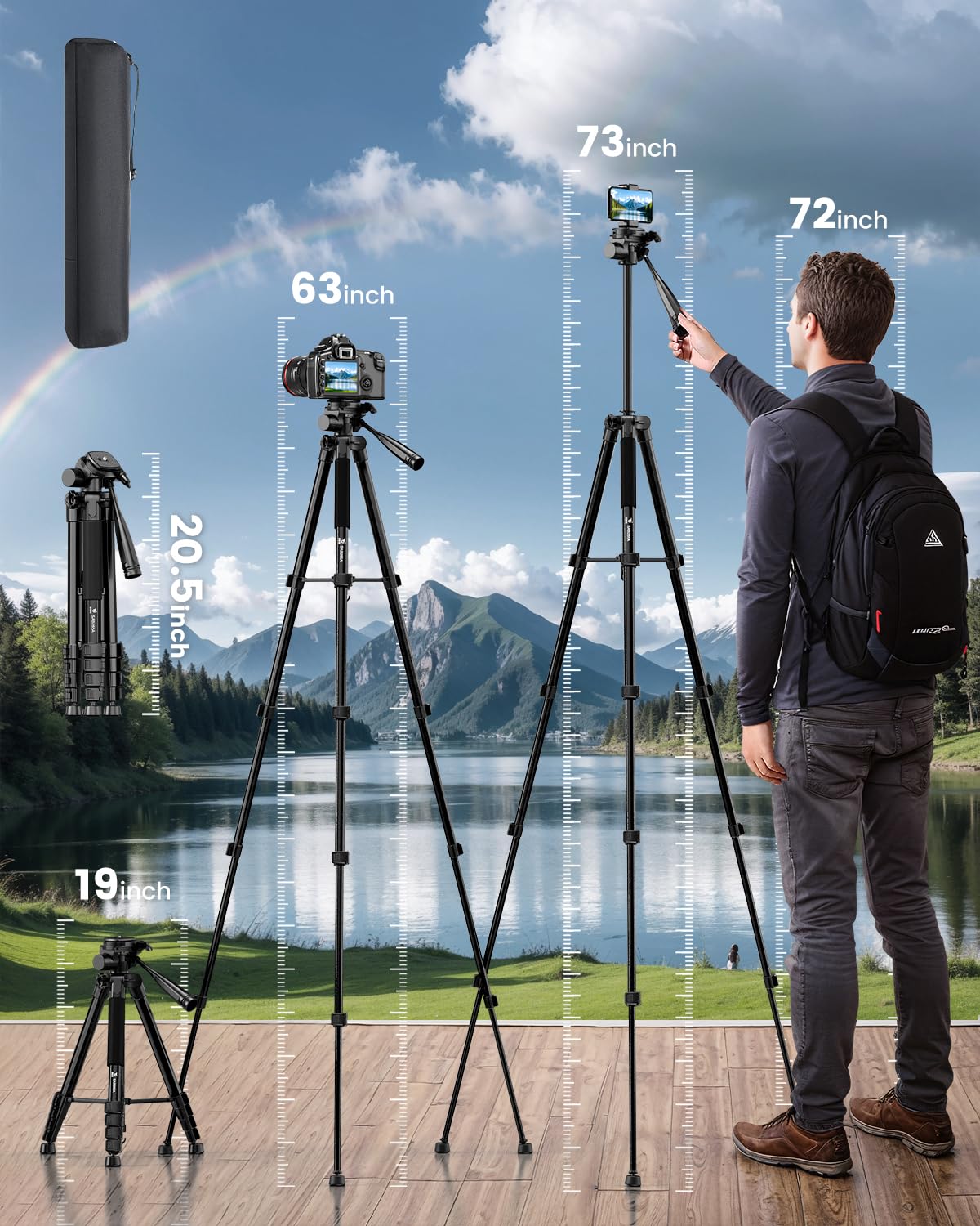 Jobfri 73" Camera Tripod Stand, Compatible With Gopro/Dslr/Cell Phone/Camcorder, With Phone Holder, Travel Bag,Max Load 8.8Lb (Matte Black)