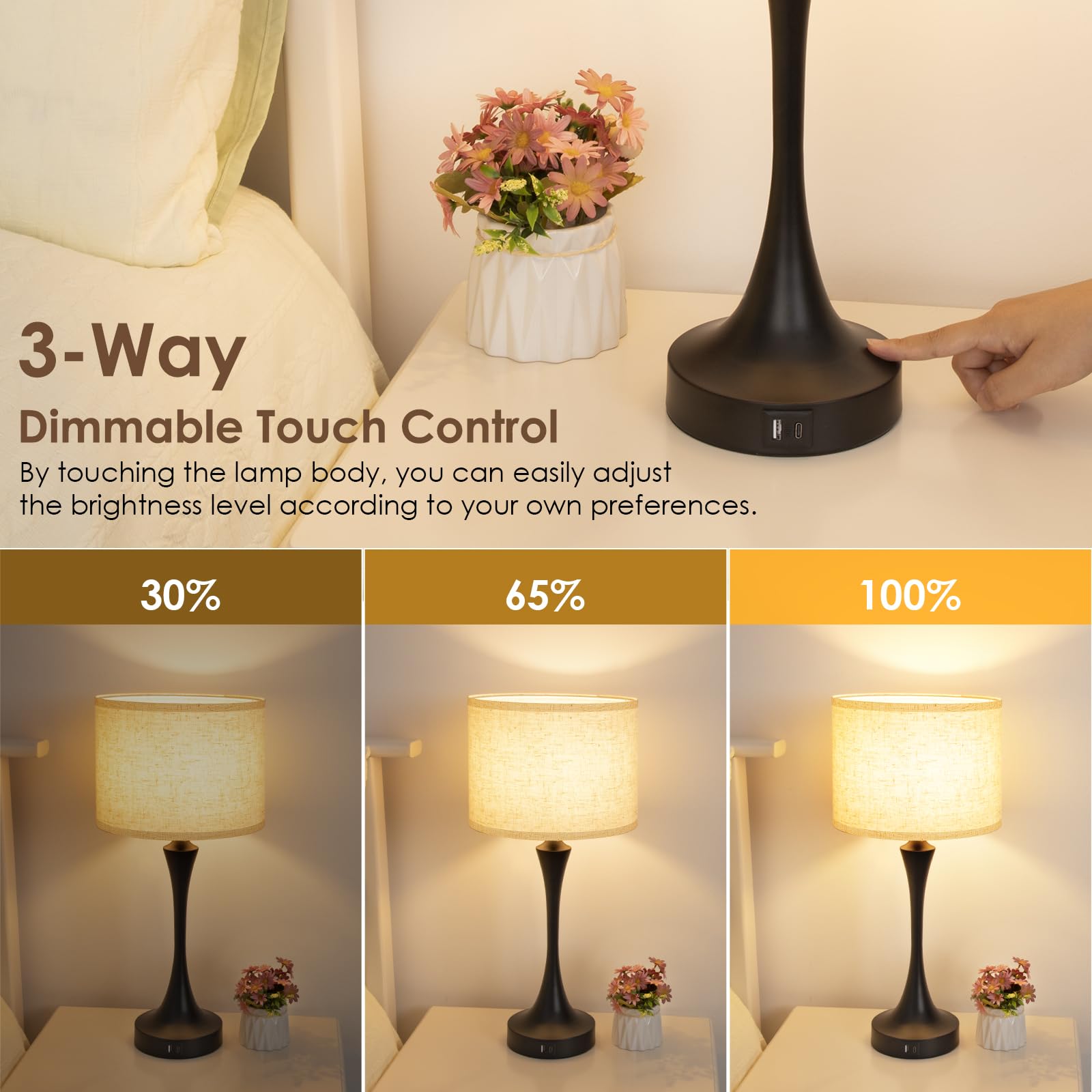 Ggoying 22” Set Of 2 Touch Control Table Lamp With Usb A+C Ports, 3-Level Dimmable Bedside Lamp With Fabric Lampshade, 3000K Led Bulbs, Nightstand Lamp For Bedroom Livingroom Office, Black