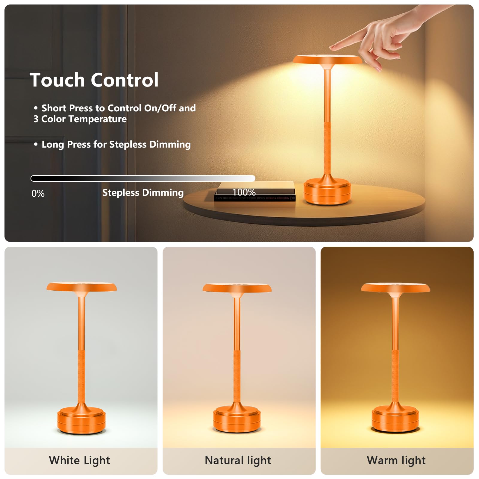 Baishezhuan Rechargeable Cordless Led Table Lamps Touch Sensor Light, 3-Levels Portable Dimming Wireless Battery Operated Lamp，Nightstand Lamp/Night Light/Restaurant Table/Outdoor/Coffee/Bar (Orange)