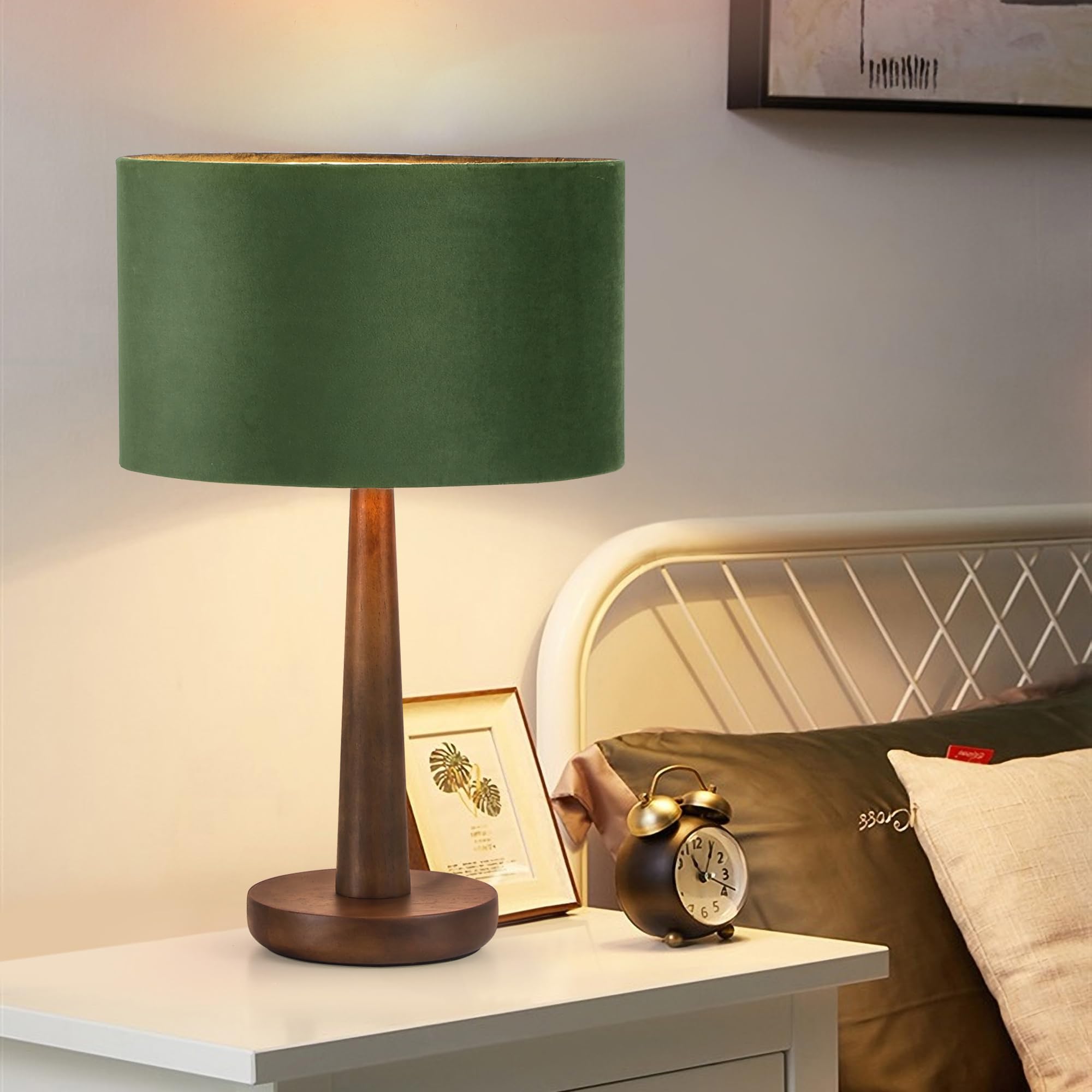 Keazile 18.5" Table Lamp For Living Room, Modern Walnut Wood Desk Lamps For Bedroom, Ul Listed Nightstand Lamp, End Table Lamps For Console Entryway, Office, Dorm, Home Decor, Green Velvet Shade